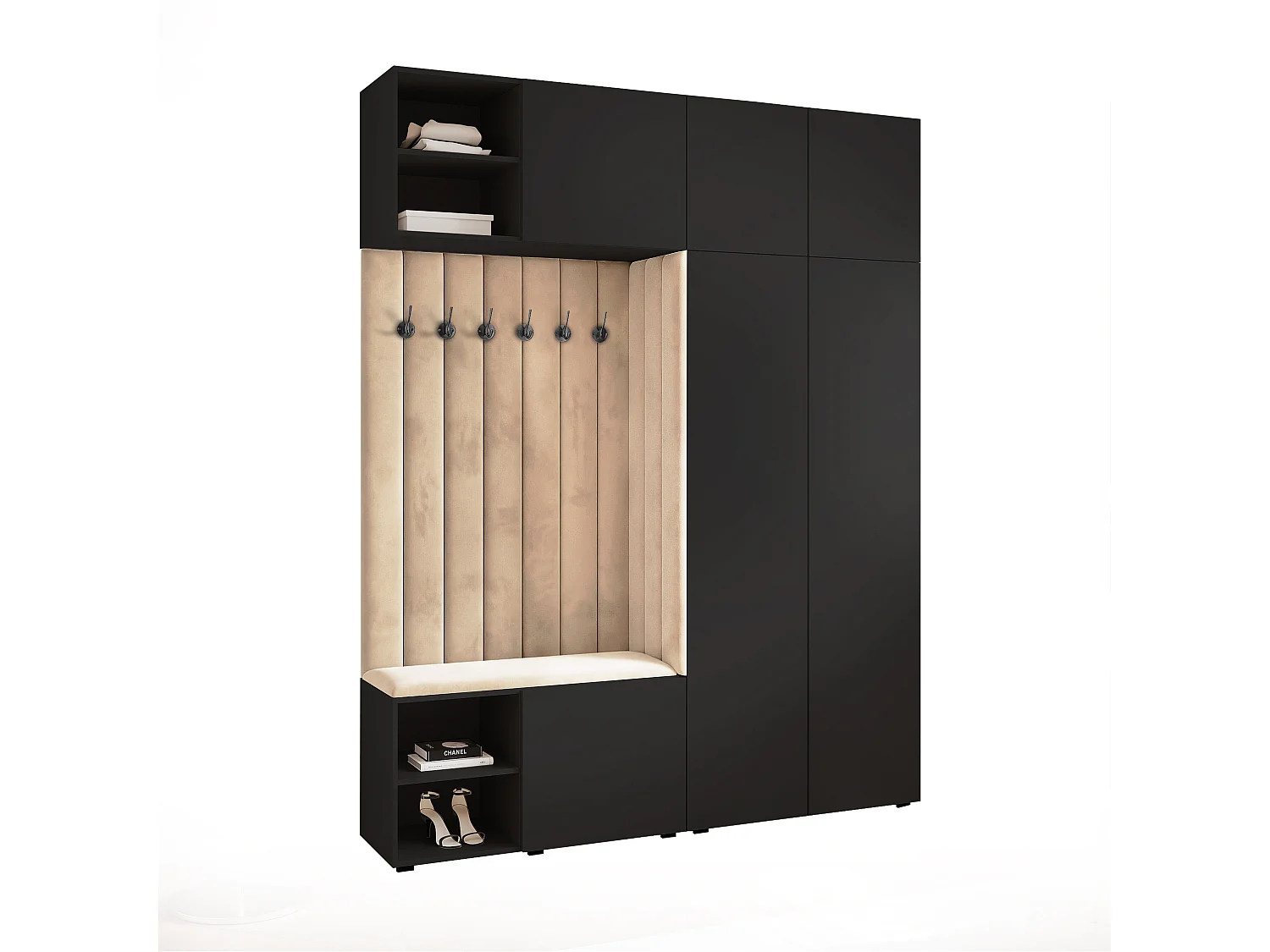 Garderobe Aria 190 cm Zwart Gestoffeerd Beige Soft-Close Push-to-Open