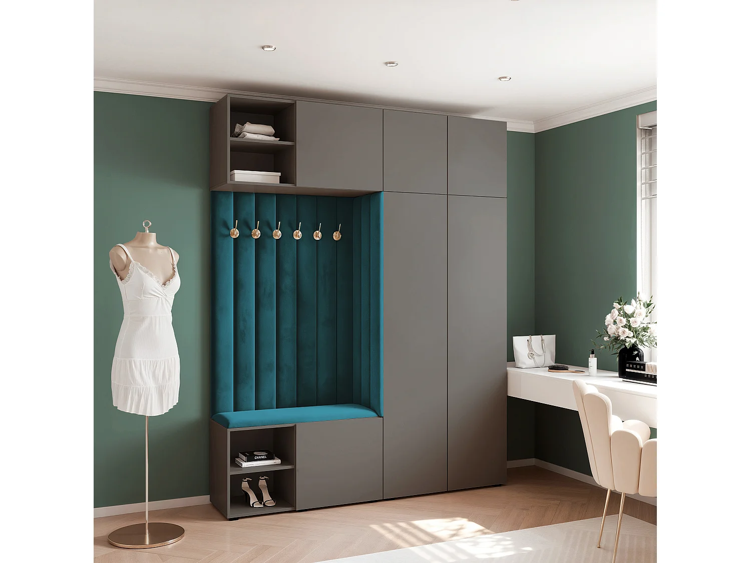 Garderobe Aria 190 cm Grijs Gestoffeerd Marineblauw Soft-Close Push-to-Open