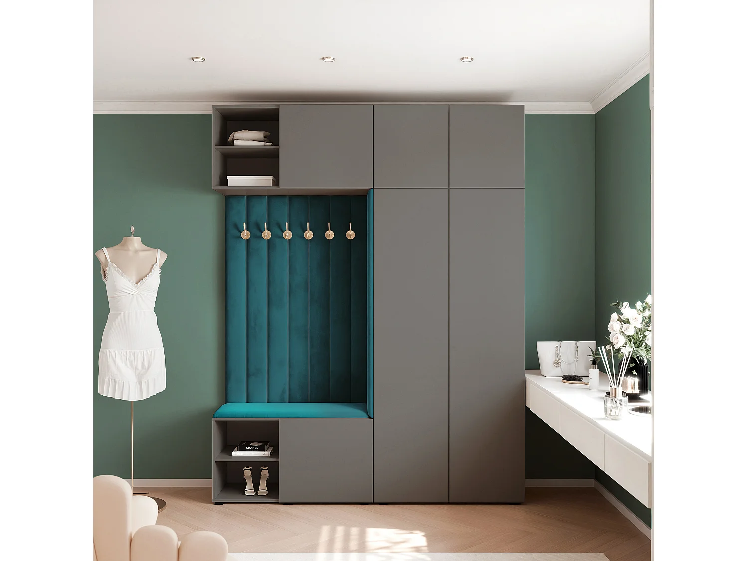 Garderobe Aria 190 cm Grijs Gestoffeerd Marineblauw Soft-Close Push-to-Open