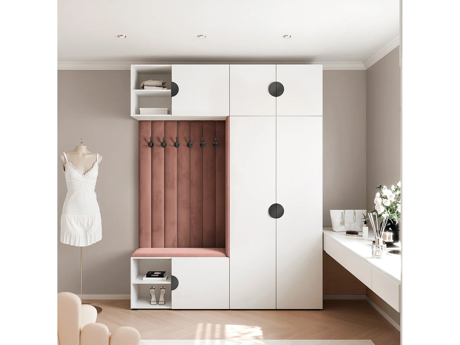 Vestiaire ARIA 4 190 cm Blanc Rembourré Rouille Soft-Close Poignées Moon Noir