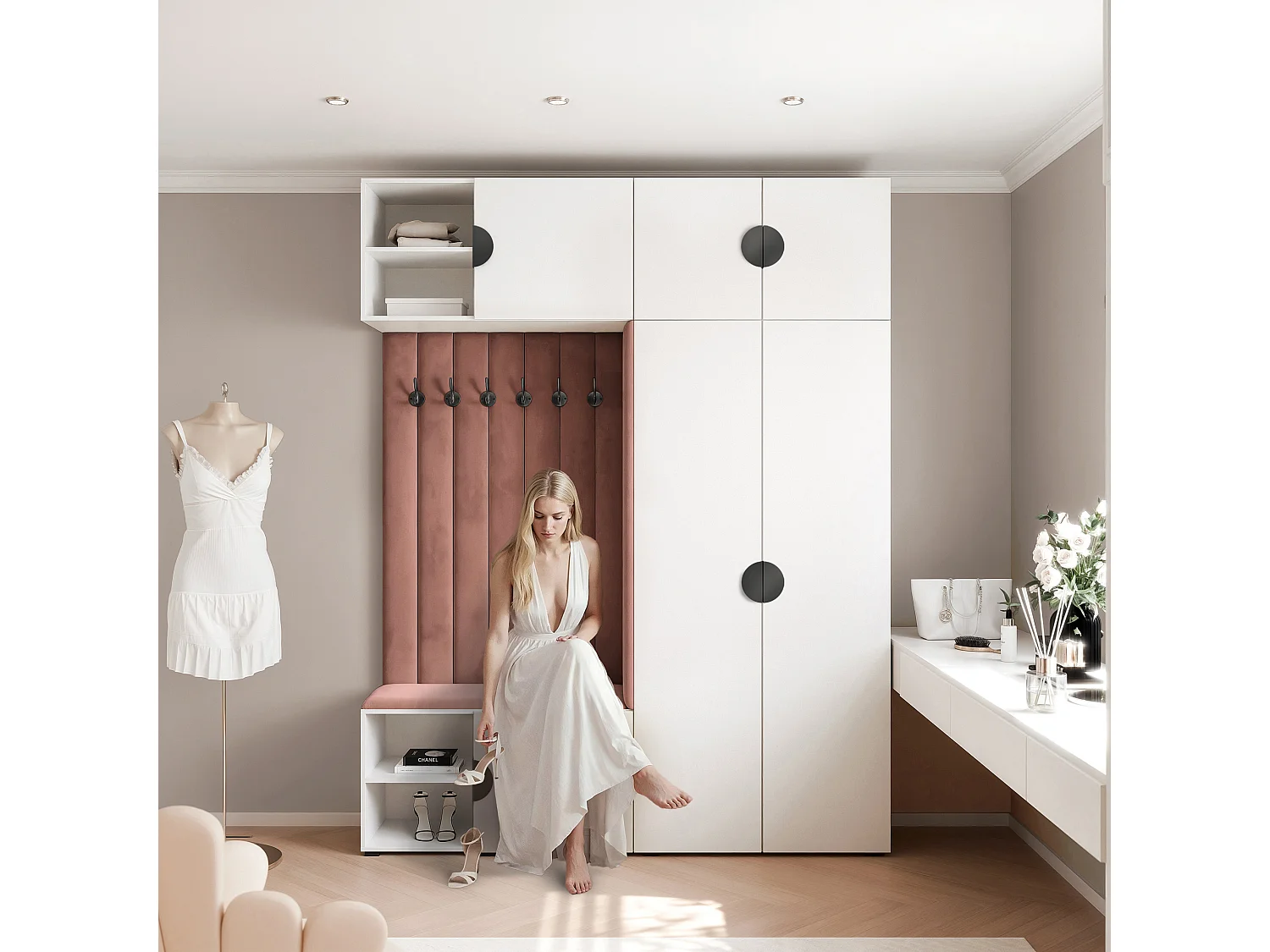 Vestiaire ARIA 4 190 cm Blanc Rembourré Rouille Soft-Close Poignées Moon Noir