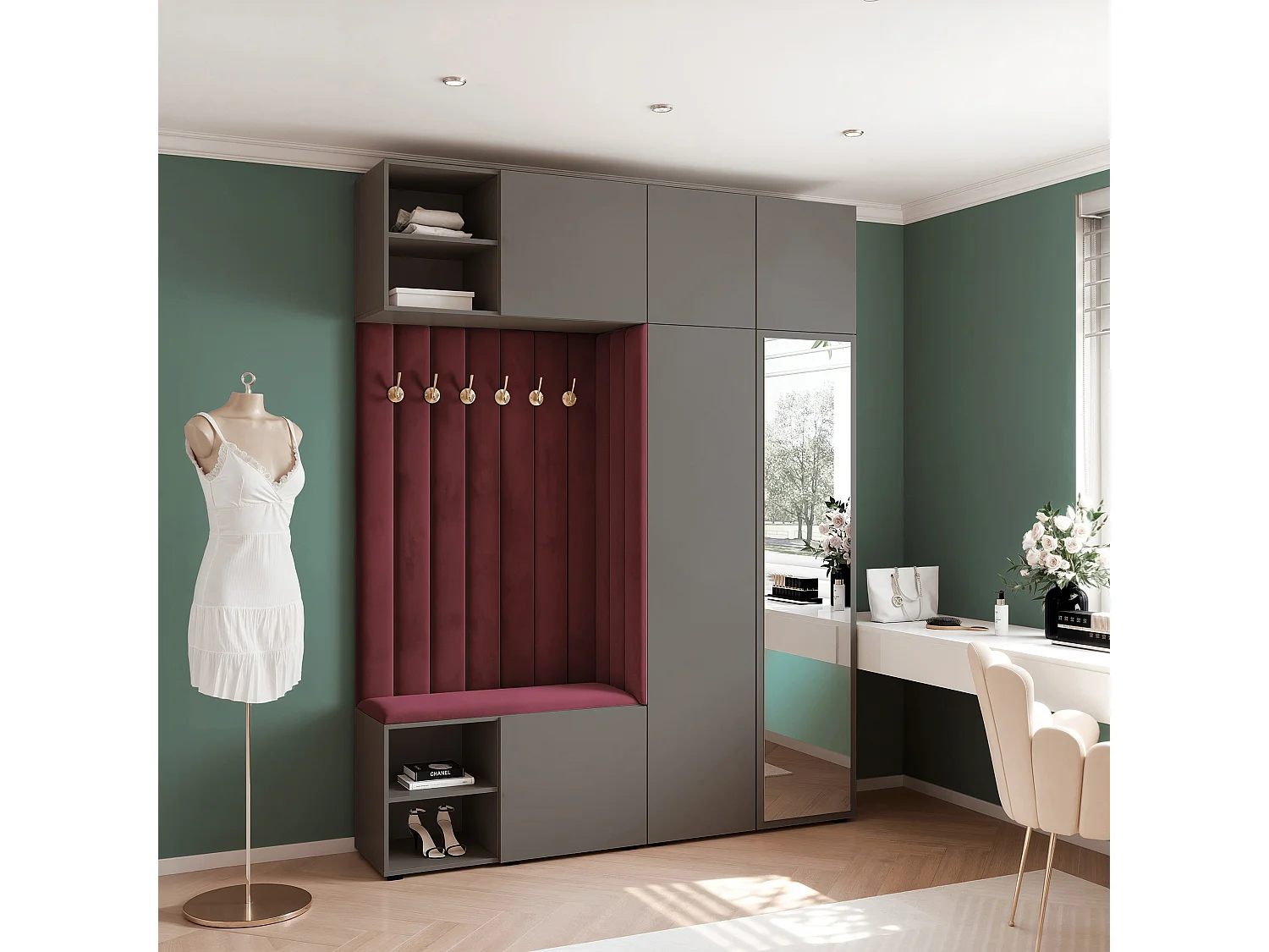 Garderobe Aria 190 cm Grijs Gestoffeerd Bordeaux Soft-Close Push-to-Open
