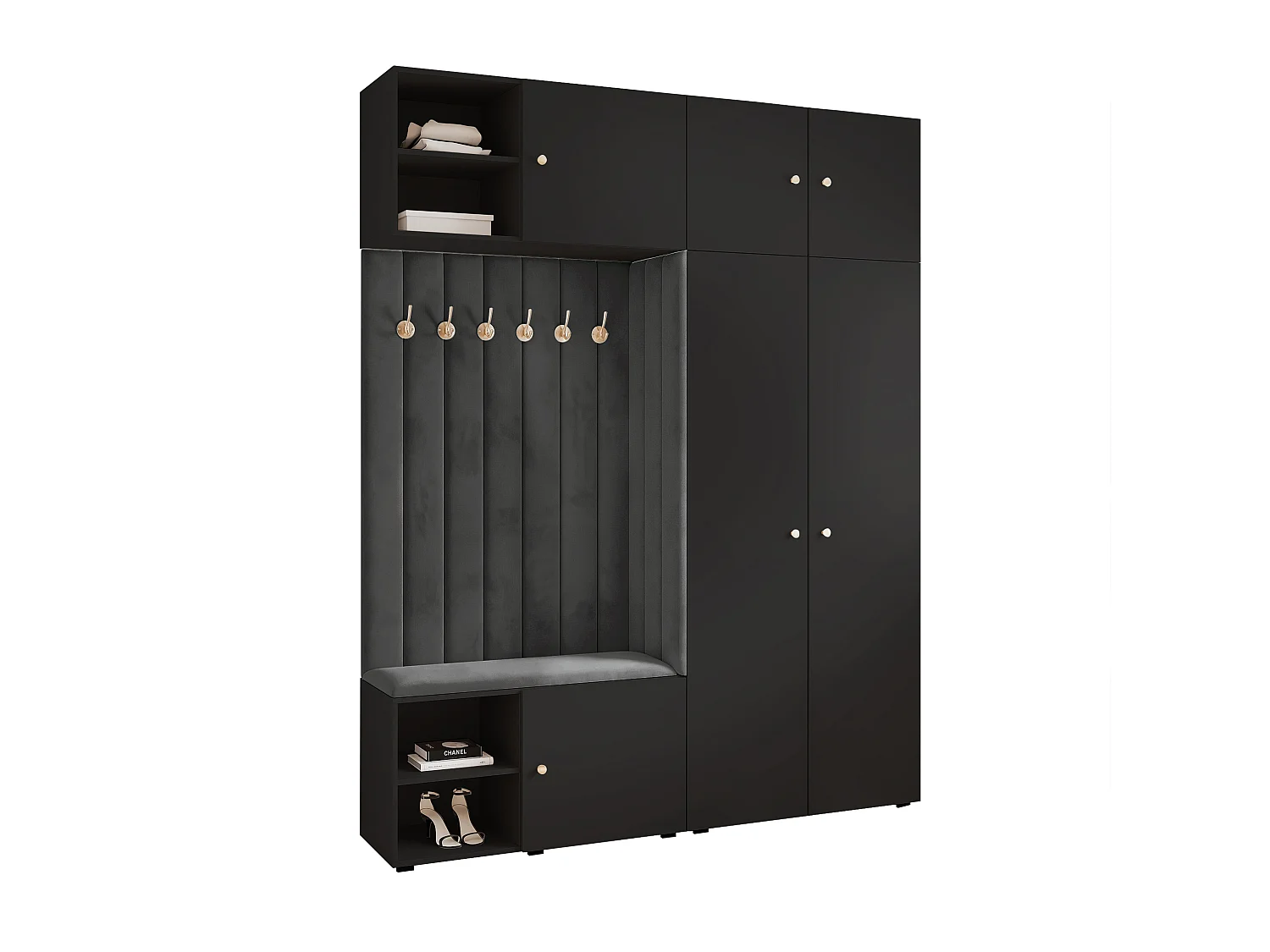 Vestiaire ARIA 4 190 cm Noir Rembourré Graphite Soft-Close Poignées bouton Doré