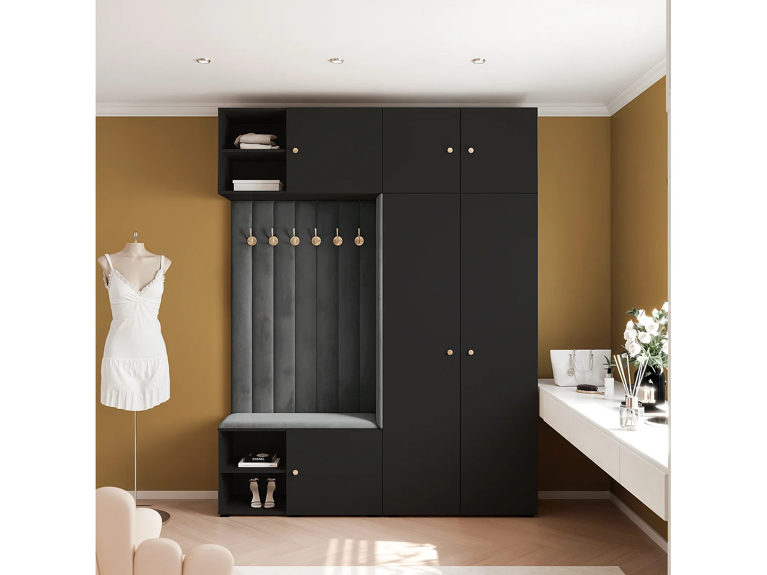 Vestiaire ARIA 4 190 cm Noir Rembourré Graphite Soft-Close Poignées bouton Doré