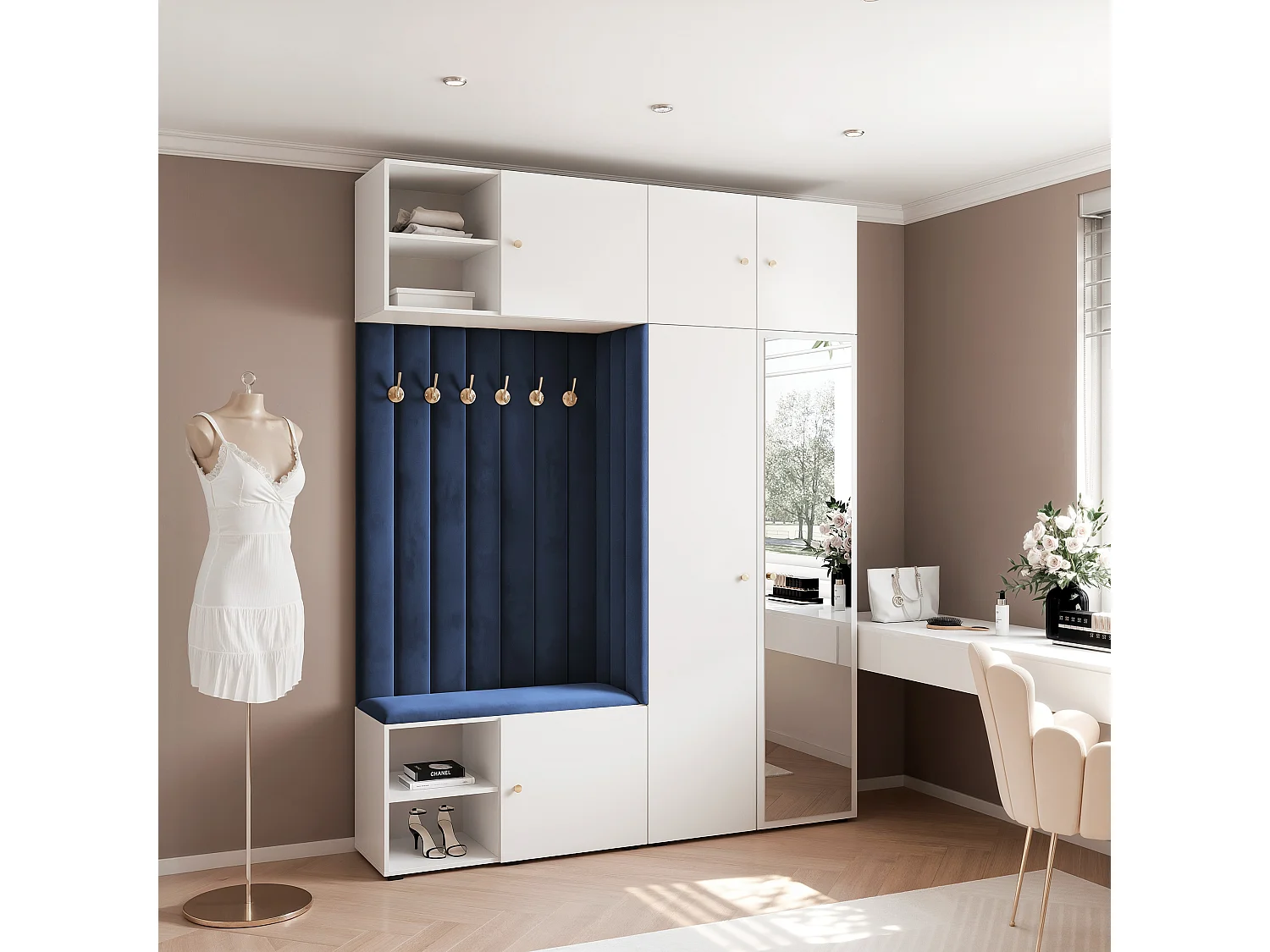 Garderobe Aria 190 cm Weiß Gepolstert Atlantikblau Soft-Close Griffe Gold
