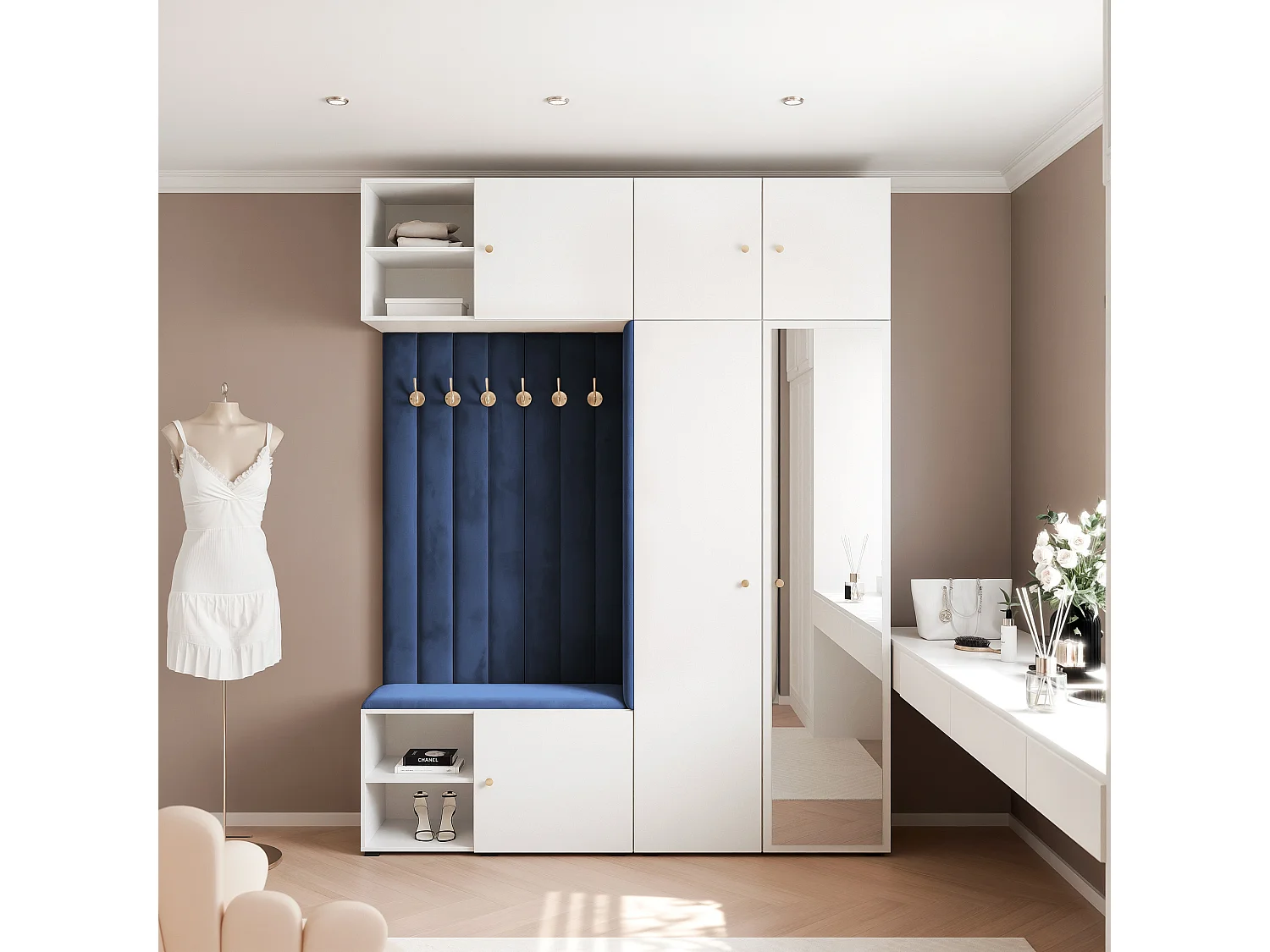 Garderobe Aria 190 cm Weiß Gepolstert Atlantikblau Soft-Close Griffe Gold