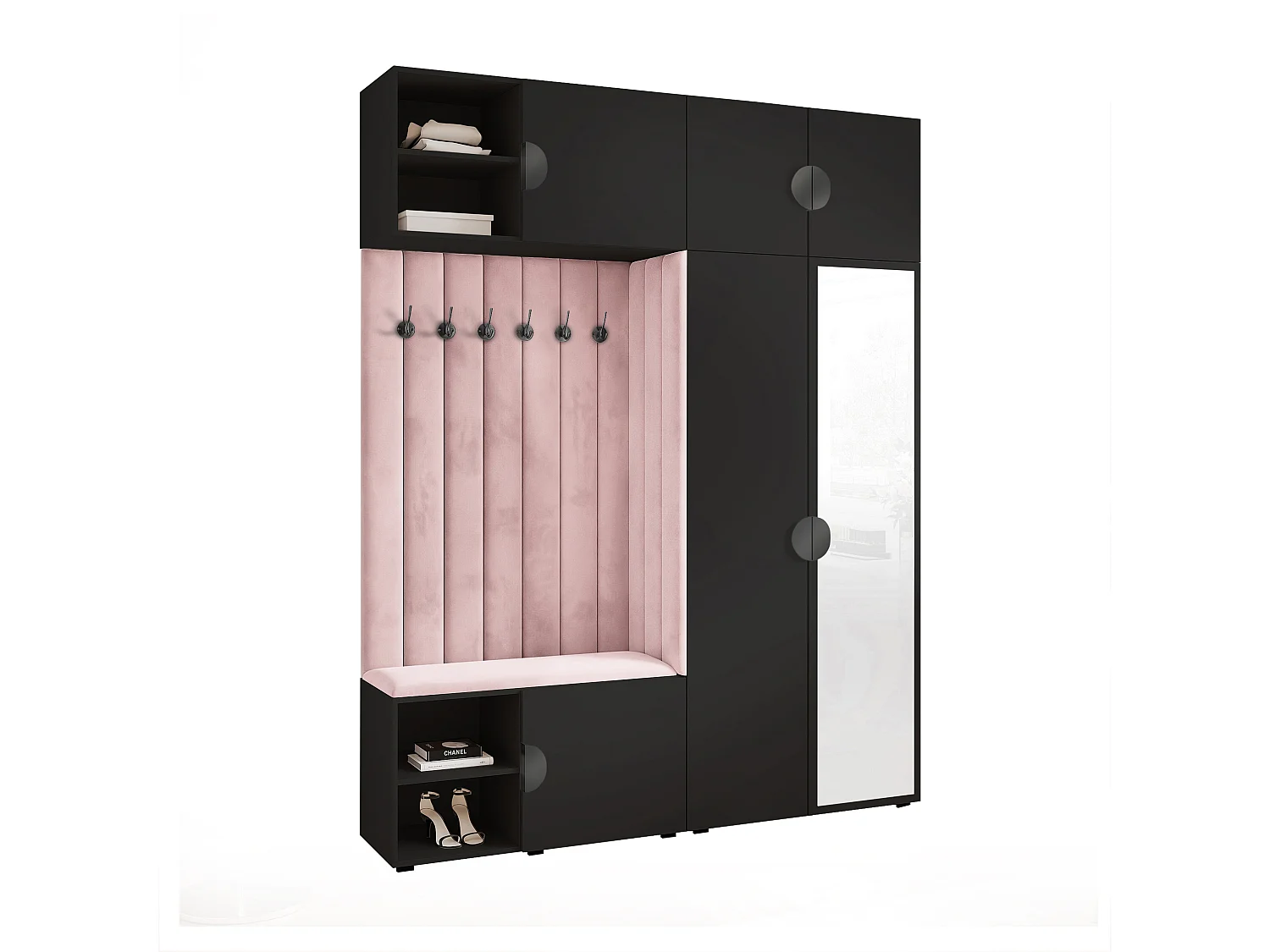 Garderobe Aria 190 cm Zwart Gestoffeerd Roze Soft-Close Grepen Zwart