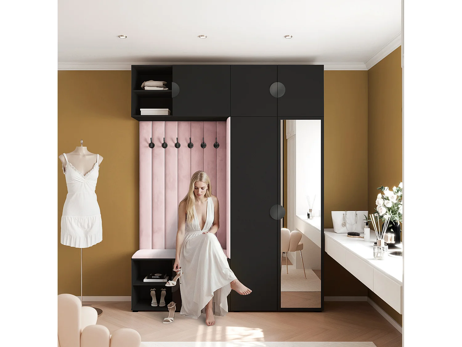 Garderobe Aria 190 cm Zwart Gestoffeerd Roze Soft-Close Grepen Zwart