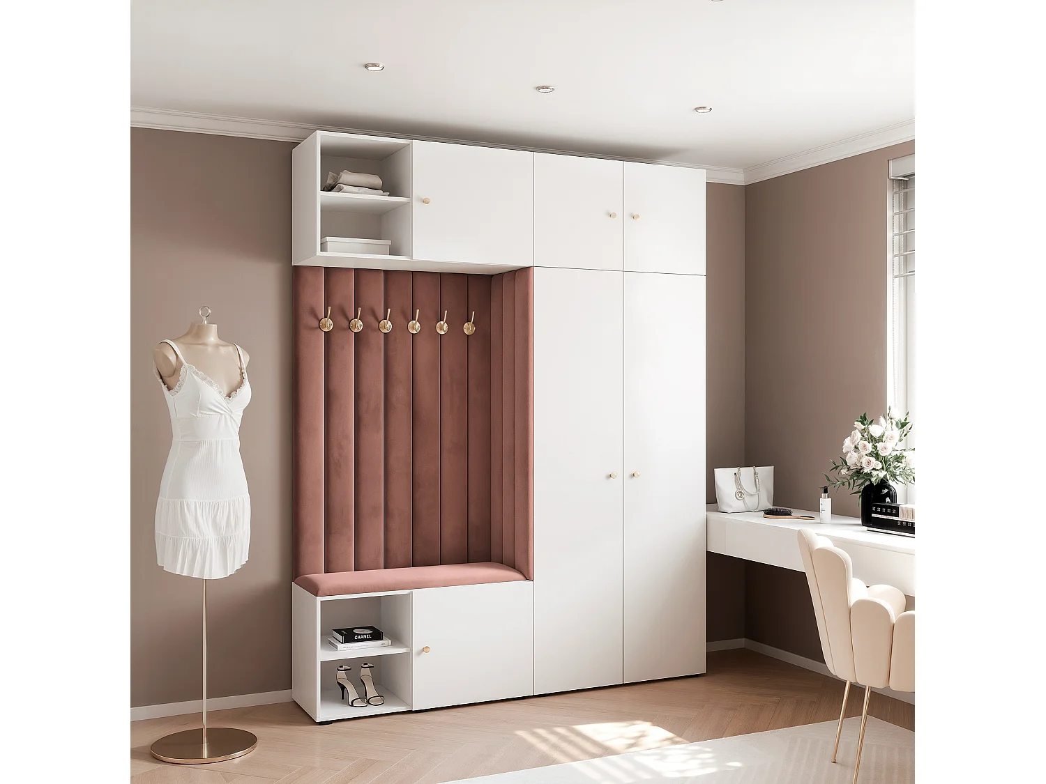 Garderobe Aria 190 cm Wit Gestoffeerd Roest Soft-Close Grepen Goud