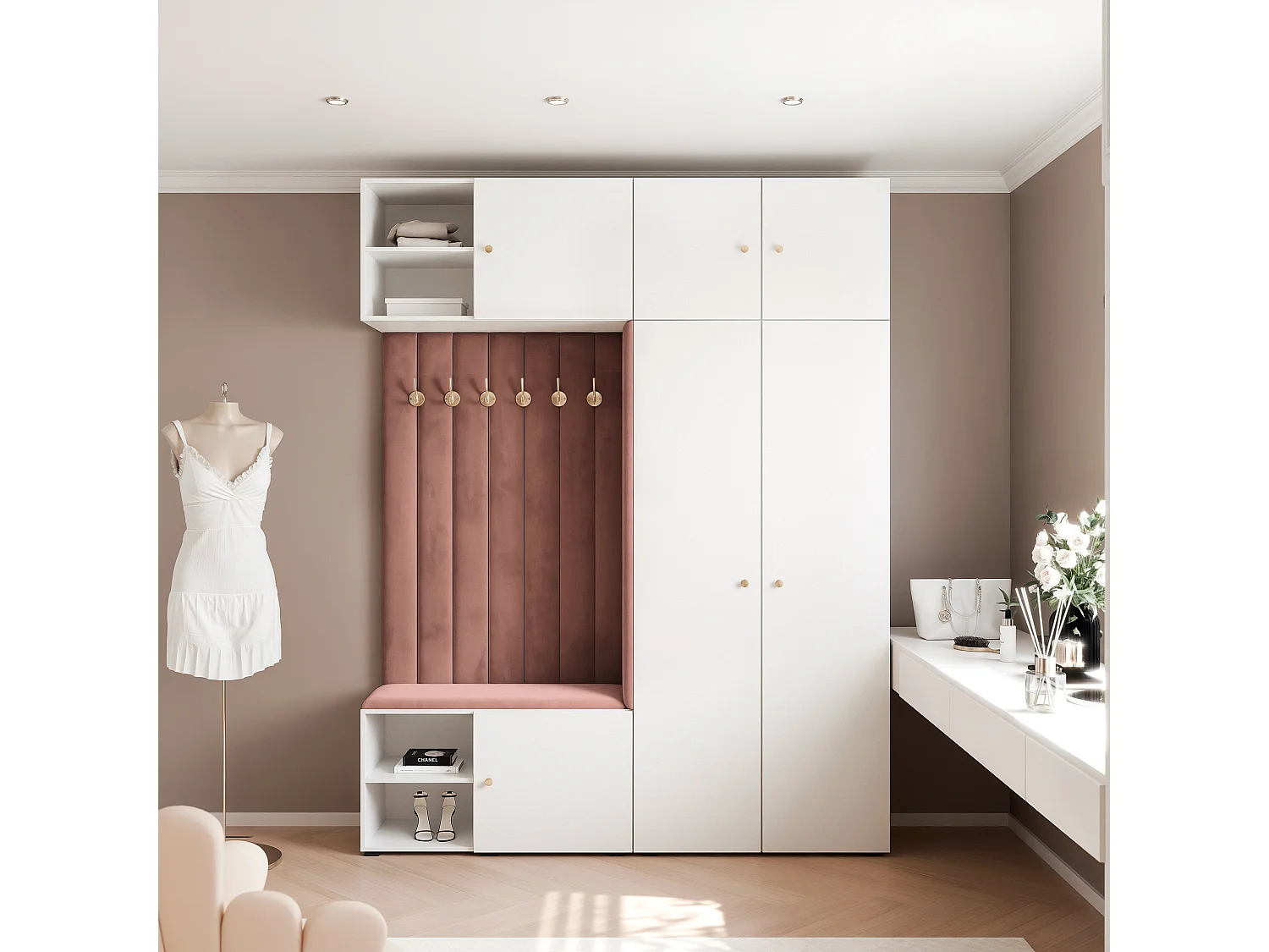 Garderobe Aria 190 cm Wit Gestoffeerd Roest Soft-Close Grepen Goud