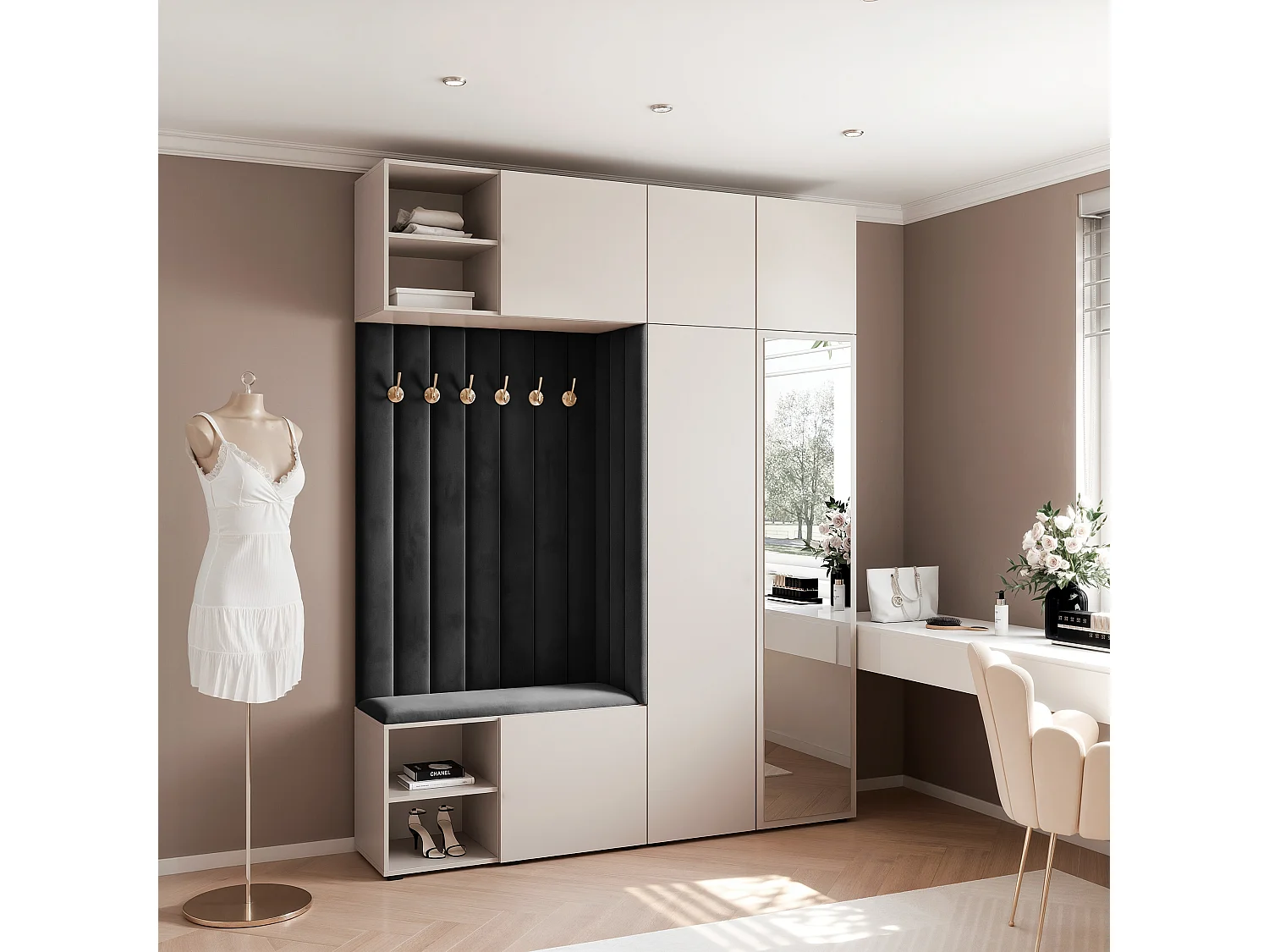 Garderobe Aria 190 cm Kasjmier Gestoffeerd Zwart Soft-Close Push-to-Open
