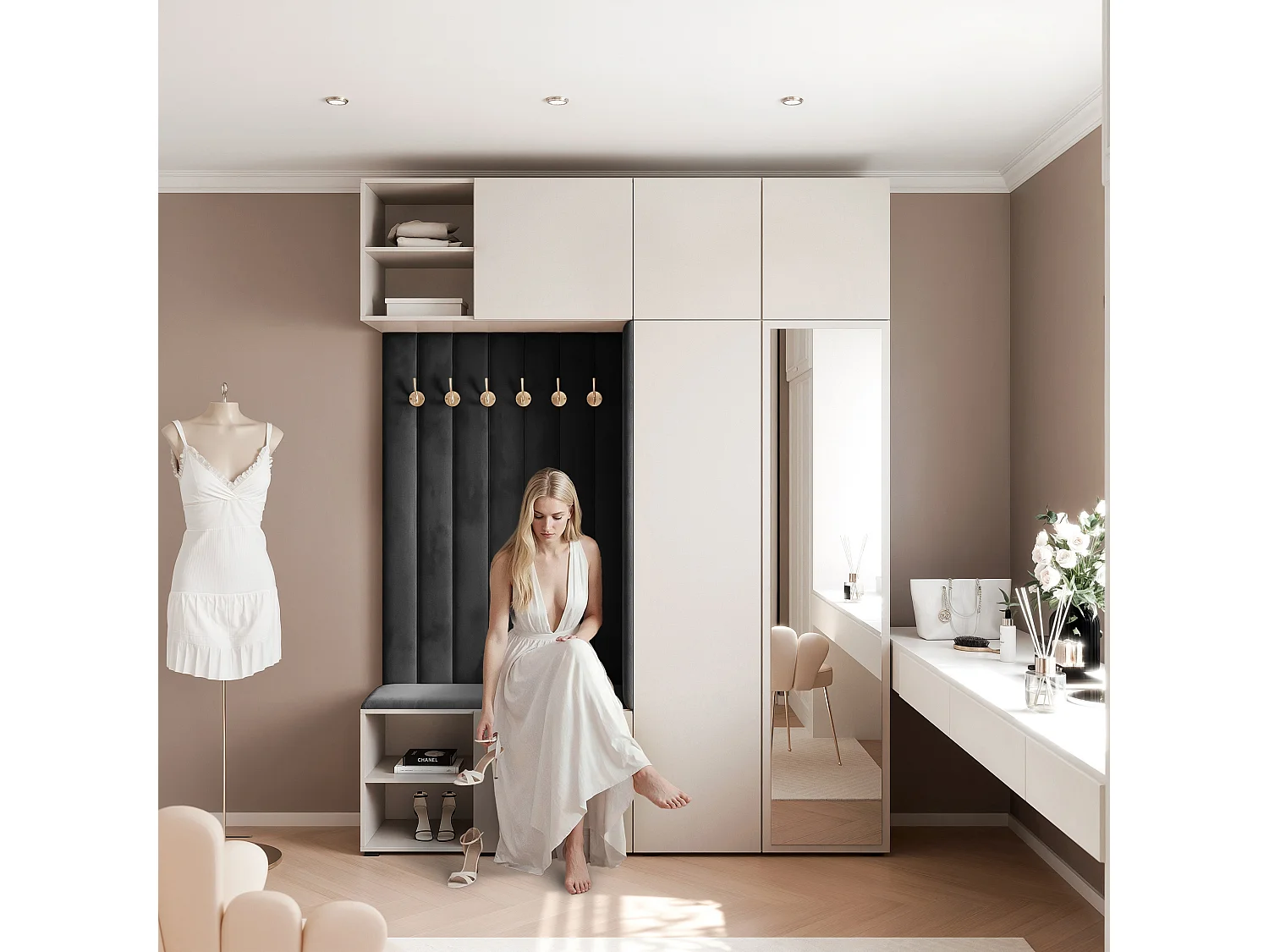 Garderobe Aria 190 cm Kasjmier Gestoffeerd Zwart Soft-Close Push-to-Open