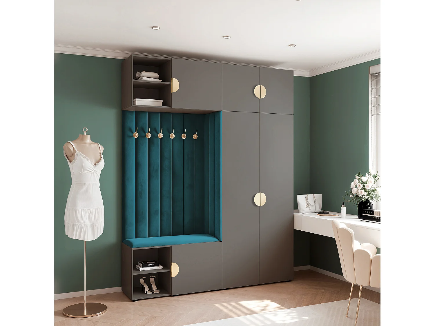 Garderobe Aria 190 cm Grijs Gestoffeerd Marineblauw Soft-Close Grepen Goud