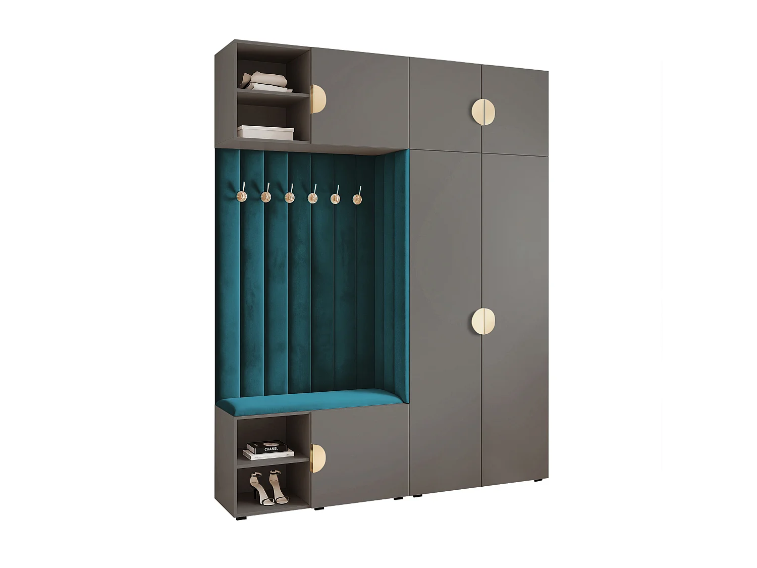 Garderobe Aria 190 cm Grijs Gestoffeerd Marineblauw Soft-Close Grepen Goud