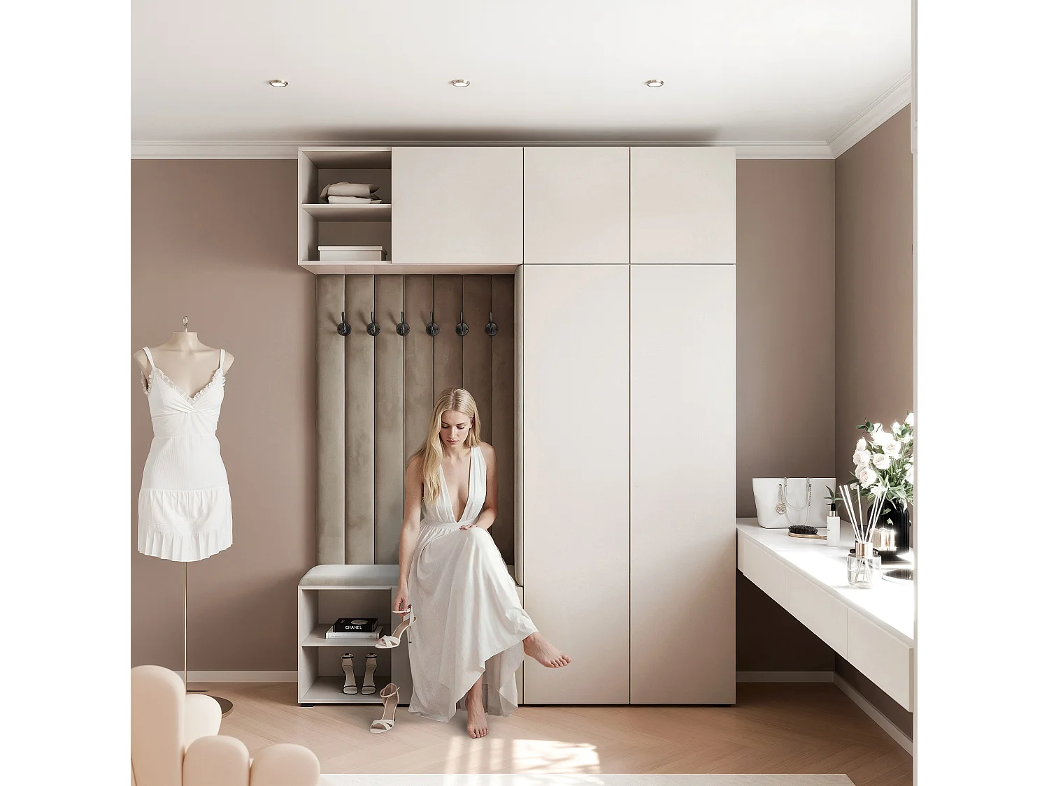 Garderobe Aria 190 cm Kasjmier Gestoffeerd Taupe Soft-Close Push-to-Open