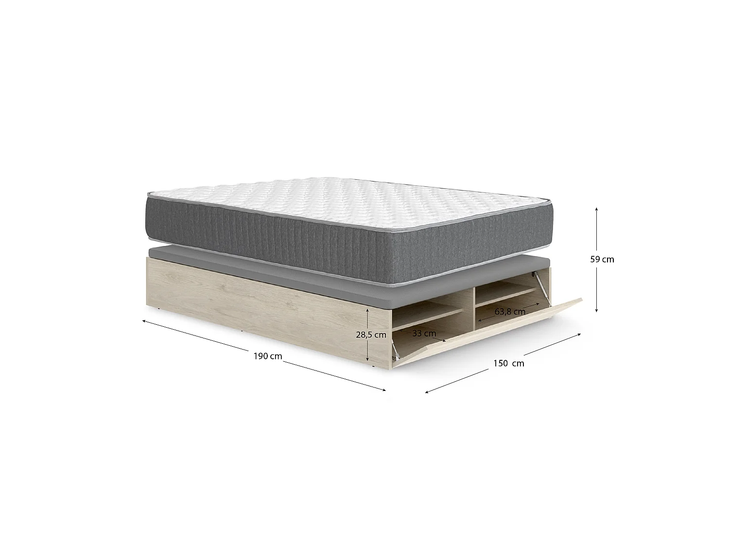 Pack ahorro matrimonio Canapé con zapatero Lan Roble y Colchón viscoelástico y muelles Aurea 150 x 190 cm| Montaje Incluido (Solo canapé)