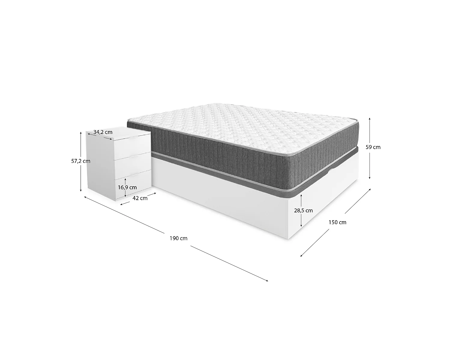 Pack ahorro matrimonio Canapé Nest con Colchón viscoelástico y muelles Aurea 150 x 190 cm y 2 Mesitas de noche Rio| Montaje Incluido (Solo canapé)
