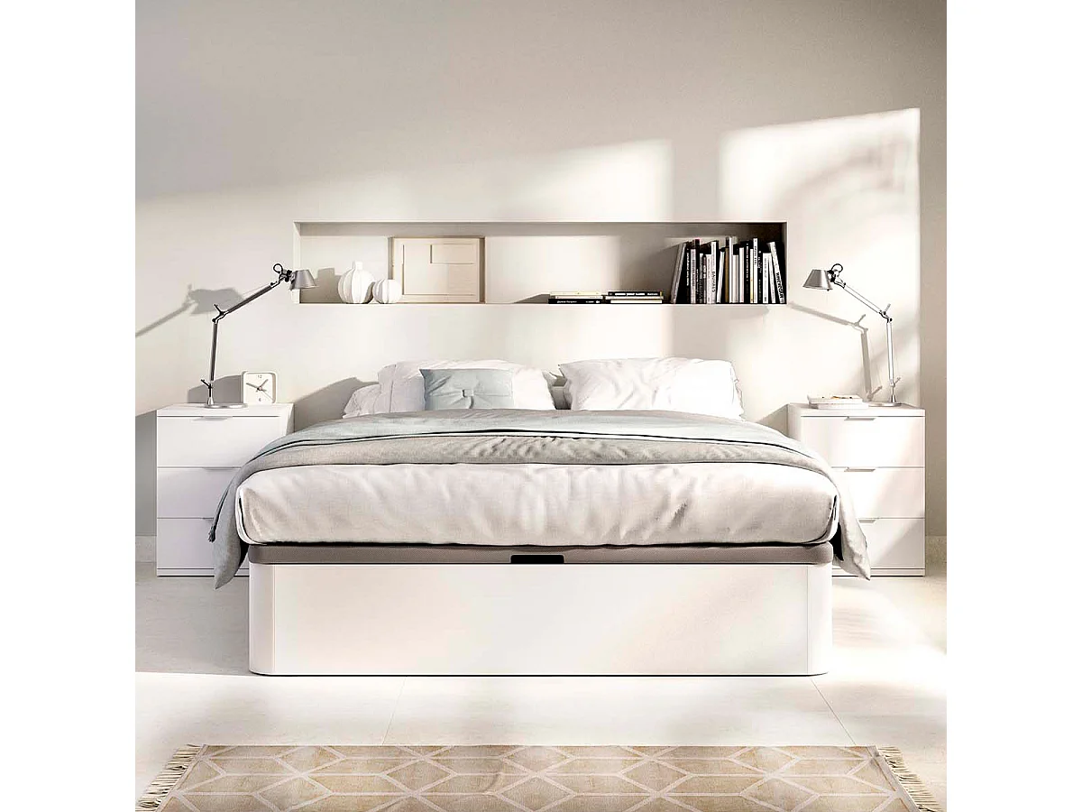 Pack ahorro matrimonio Canapé Round con Colchón viscoelástico y muelles Aurea 135 x 190 cm y 2 Mesitas de noche Rio| Montaje Incluido (Solo canapé)