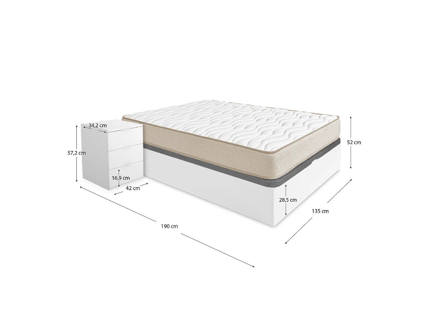 Pack ahorro matrimonio Canapé Nest con Colchón viscoelástico Nova Plus 135 x 190 cm y 2 Mesitas de noche Rio| Montaje Incluido (Solo canapé)