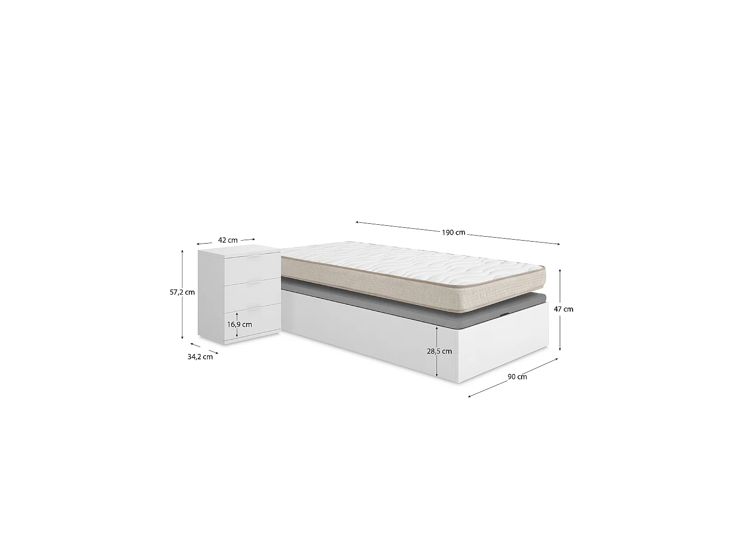 Pack ahorro juvenil Canapé Nest con Colchón viscoelástico Nova 90 x 190 cm y Mesita de noche Rio| Montaje Incluido (Solo canapé)