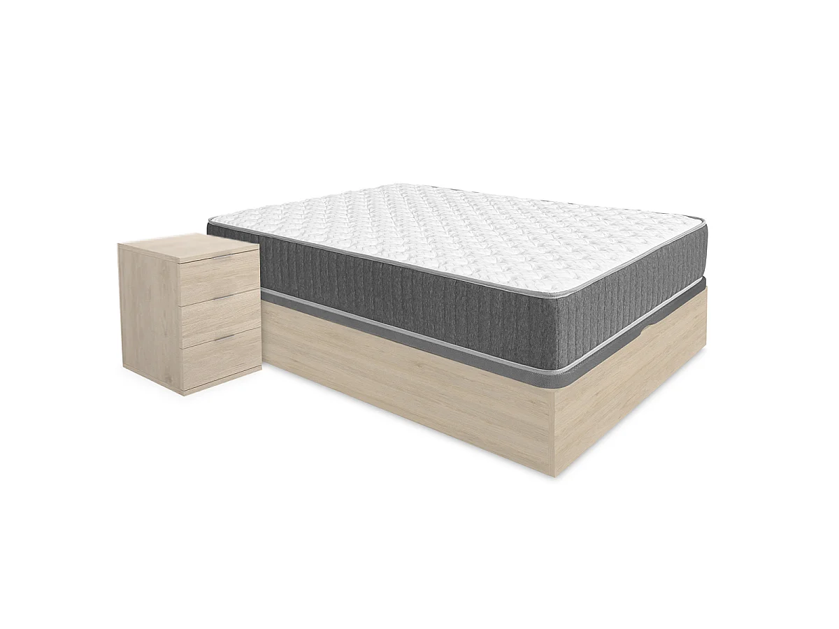 Pack ahorro matrimonio Canapé Nest Roble con Colchón viscoelástico y muelles Aurea 150 x 190 cm, 2 Mesitas de noche Rio|Montaje Incluido (Solo canapé)