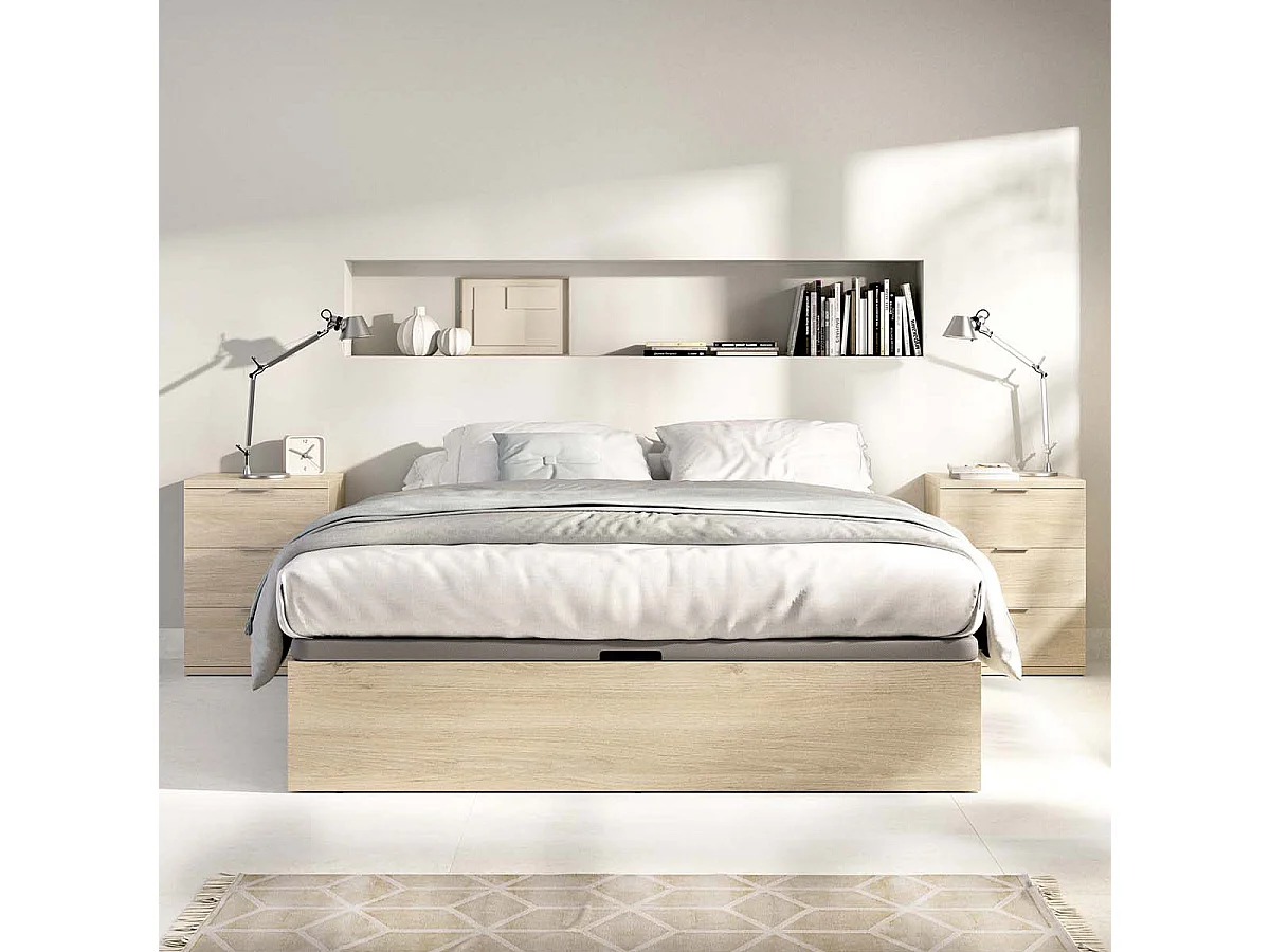 Pack ahorro matrimonio Canapé Nest Roble con Colchón viscoelástico y muelles Aurea 150 x 190 cm, 2 Mesitas de noche Rio|Montaje Incluido (Solo canapé)
