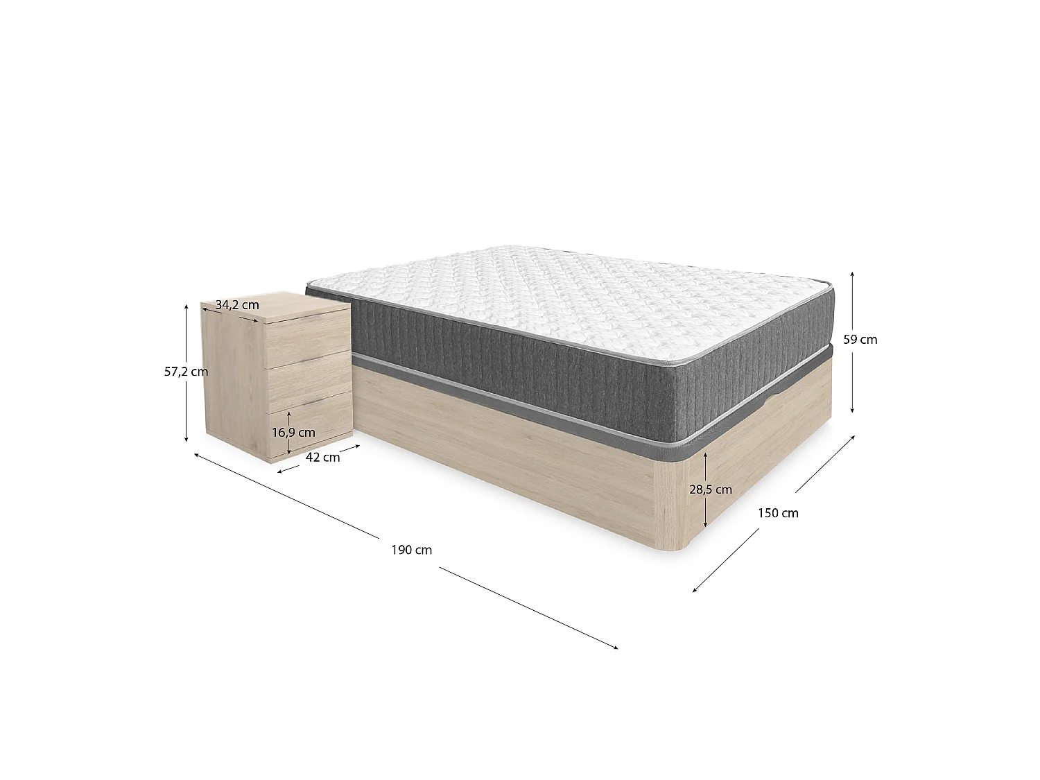 Pack ahorro matrimonio Canapé Round Roble con Colchón viscoelástico y muelles Aurea 150 x 190 cm, 2 Mesitas de noche Rio|Montaje Incluido(Solo canapé)