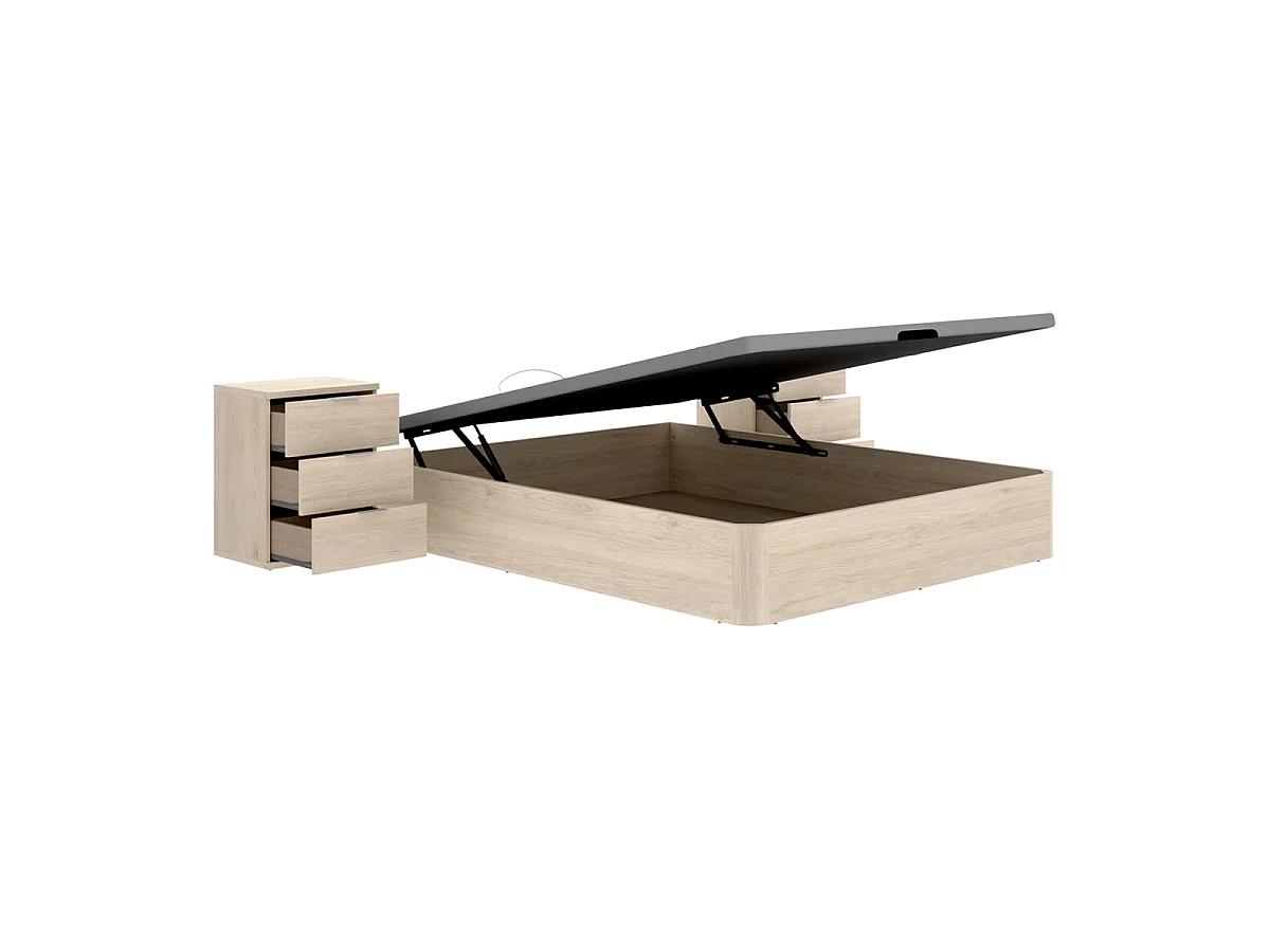 Pack ahorro matrimonio Canapé Round Roble con Colchón viscoelástico y muelles Aurea 150 x 190 cm, 2 Mesitas de noche Rio|Montaje Incluido(Solo canapé)