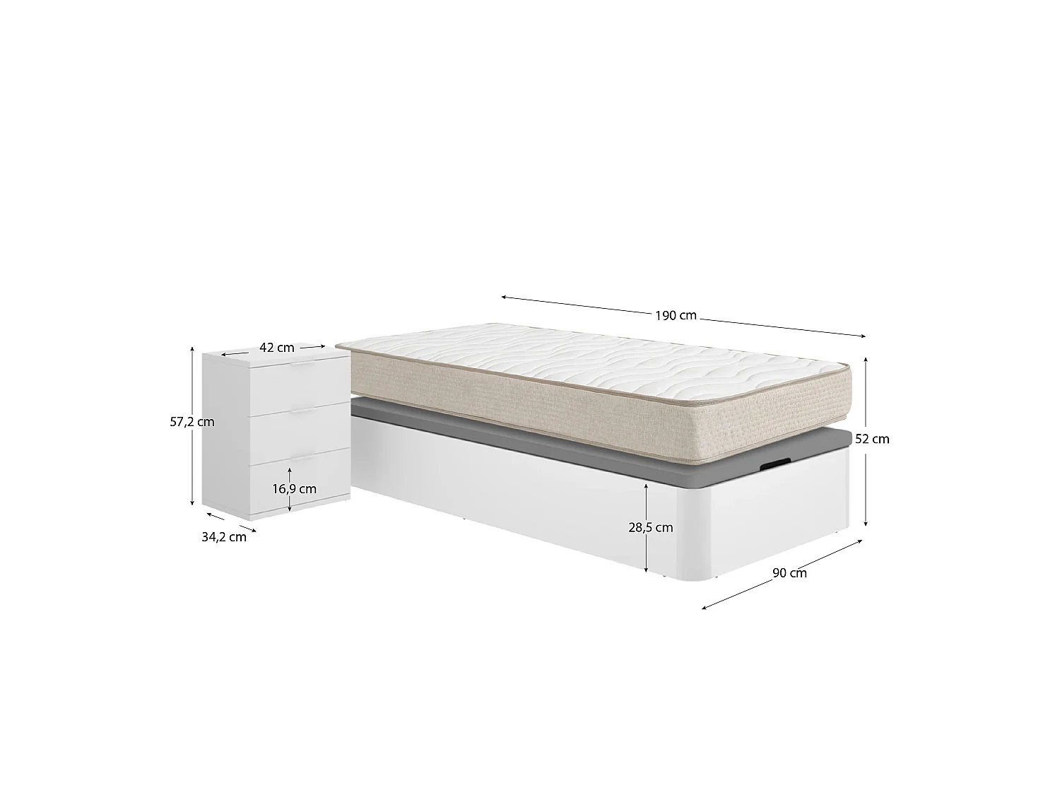 Pack ahorro juvenil Canapé Round con Colchón viscoelástico Nova Plus 90 x 190 cm y Mesita de noche Rio| Montaje Incluido (Solo canapé)