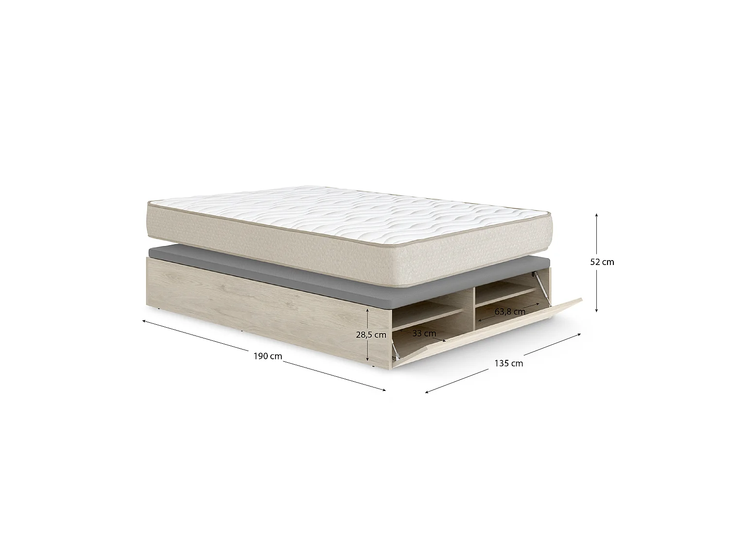 Pack ahorro matrimonio Canapé con zapatero Lan Roble  y Colchón viscoelástico Nova Plus 135 x 190 cm| Montaje Incluido (Solo canapé)