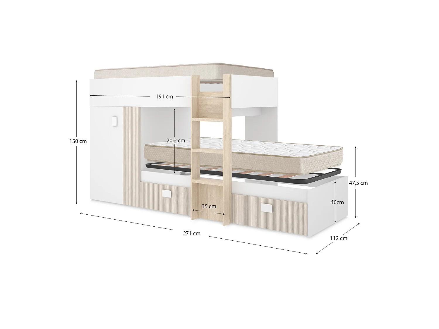 Pack ahorro juvenil Cama tren Groe, 1 Somier y 2 Colchones viscoelásticos Nova 90 x 190 cm | Subida a domicilio