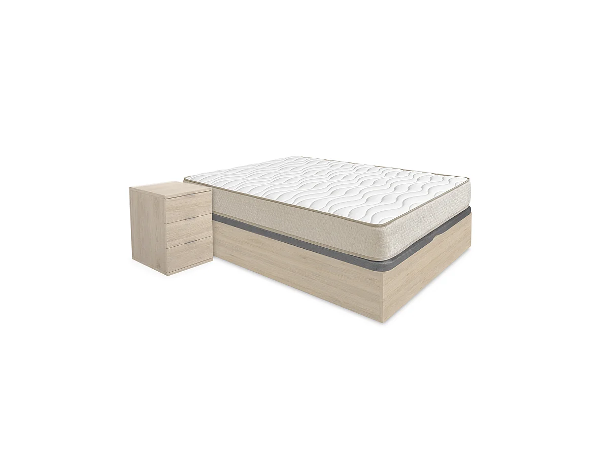 Pack ahorro matrimonio Canapé Nest Roble con Colchón viscoelástico Nova Plus 135 x 190 cm y 2 Mesitas de noche Rio| Montaje Incluido (Solo canapé)