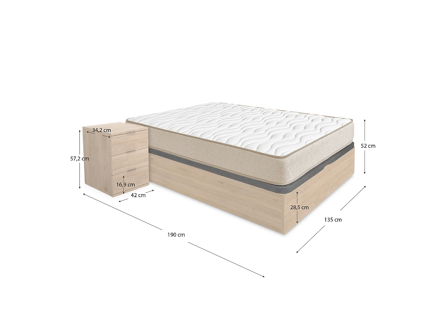 Pack ahorro matrimonio Canapé Nest Roble con Colchón viscoelástico Nova Plus 135 x 190 cm y 2 Mesitas de noche Rio| Montaje Incluido (Solo canapé)