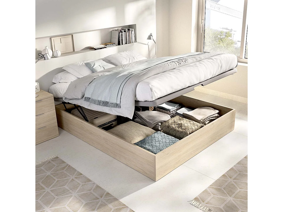 Pack ahorro matrimonio Canapé Nest Roble con Colchón viscoelástico Nova Plus 135 x 190 cm y 2 Mesitas de noche Rio| Montaje Incluido (Solo canapé)