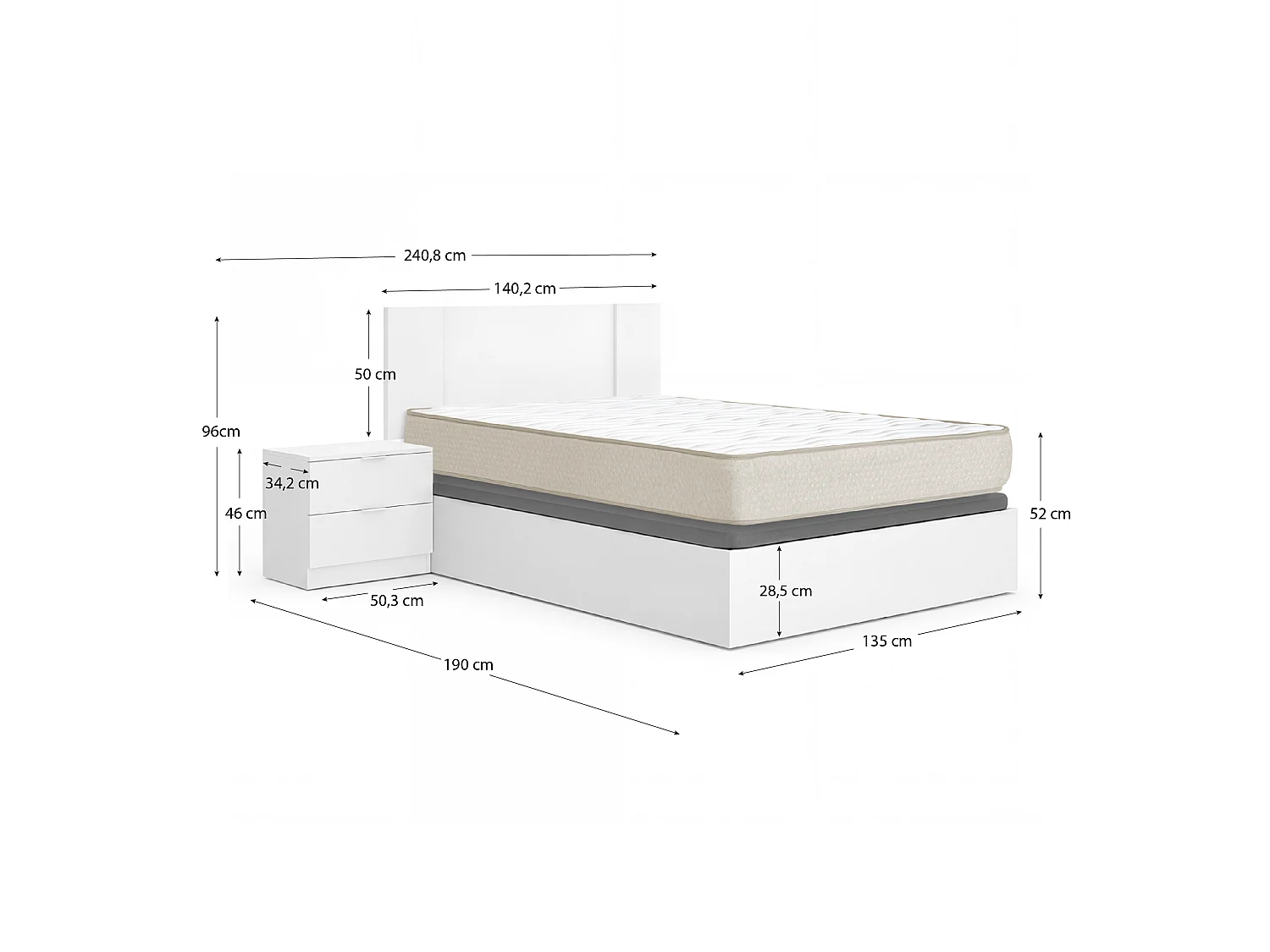Pack ahorro matrimonio Canapé, Cabecero con 2 Mesitas Flow y Colchón viscoelástico Nova Plus 135 x 190 cm| Montaje Incluido (Solo canapé)