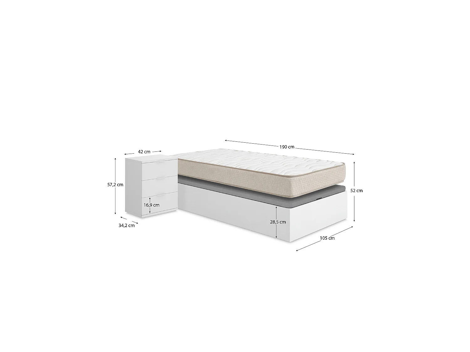 Pack ahorro juvenil Canapé Nest con Colchón viscoelástico Nova Plus 105 x 190 cm y Mesita de noche Rio| Montaje Incluido (Solo canapé)