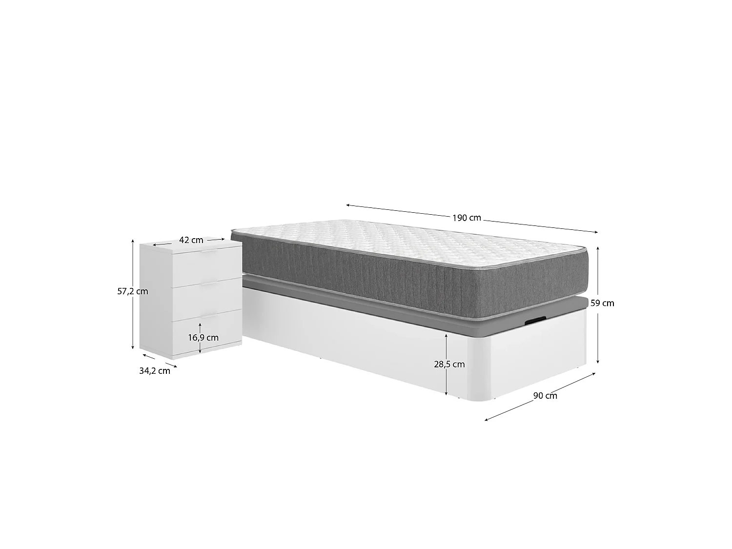 Pack ahorro juvenil Canapé Round con Colchón Aurea 90 x 190 cm y Mesita de noche Rio| Montaje Incluido (Solo canapé)
