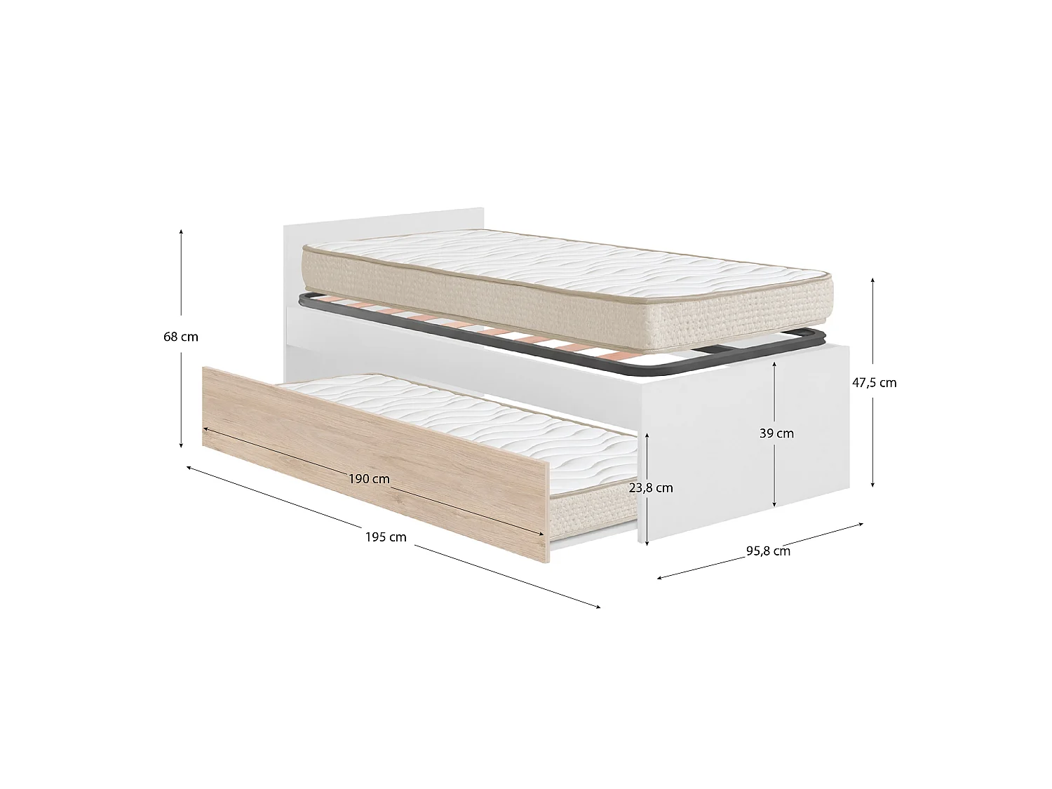 Pack ahorro juvenil Cama nido con Cabecero Top, 1 Somier y 2 Colchónes viscoelásticos Nova 90 x 190 cm | Subida a domicilio