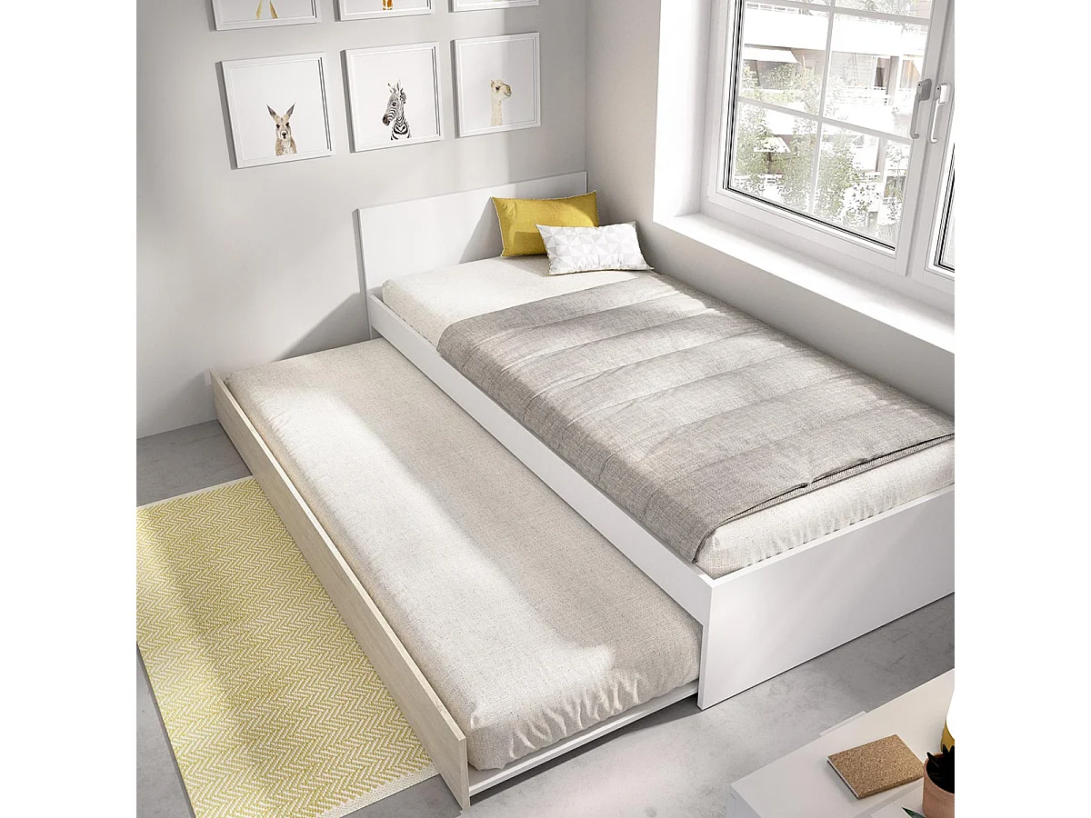 Pack ahorro juvenil Cama nido con Cabecero Top, 1 Somier y 2 Colchónes viscoelásticos Nova 90 x 190 cm | Subida a domicilio