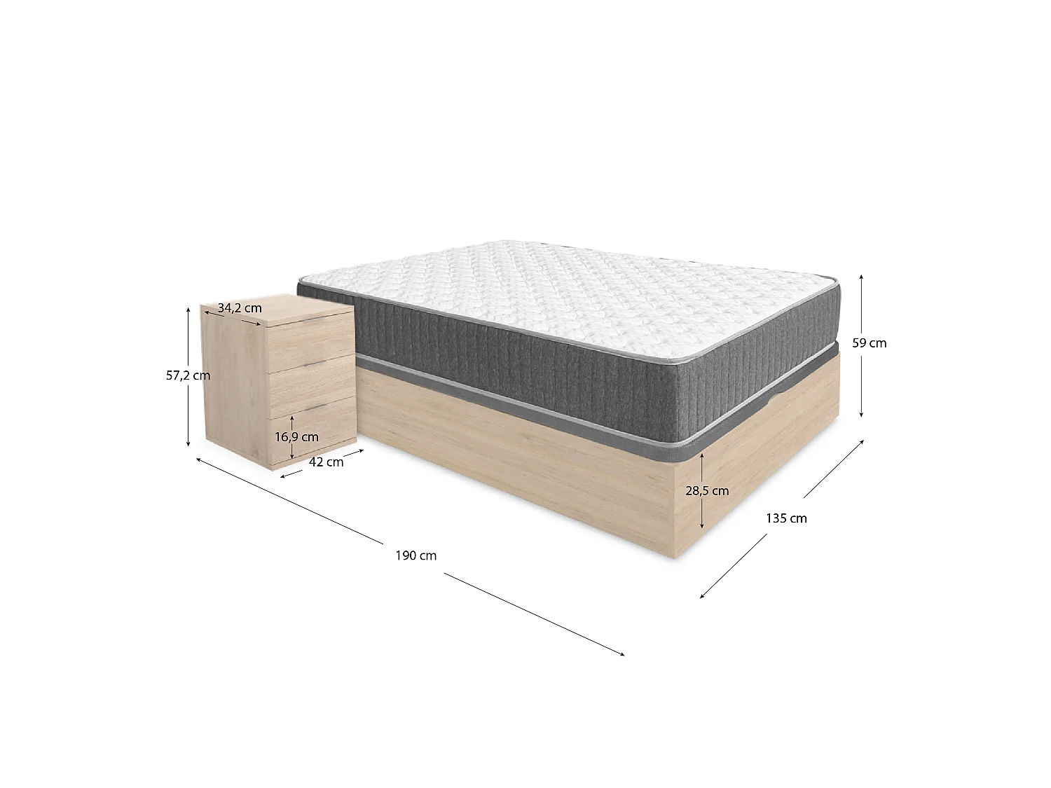 Pack ahorro matrimonio Canapé Nest Roble con Colchón viscoelástico y muelles Aurea 135 x 190 cm, 2 Mesitas de noche Rio|Montaje Incluido (Solo canapé)