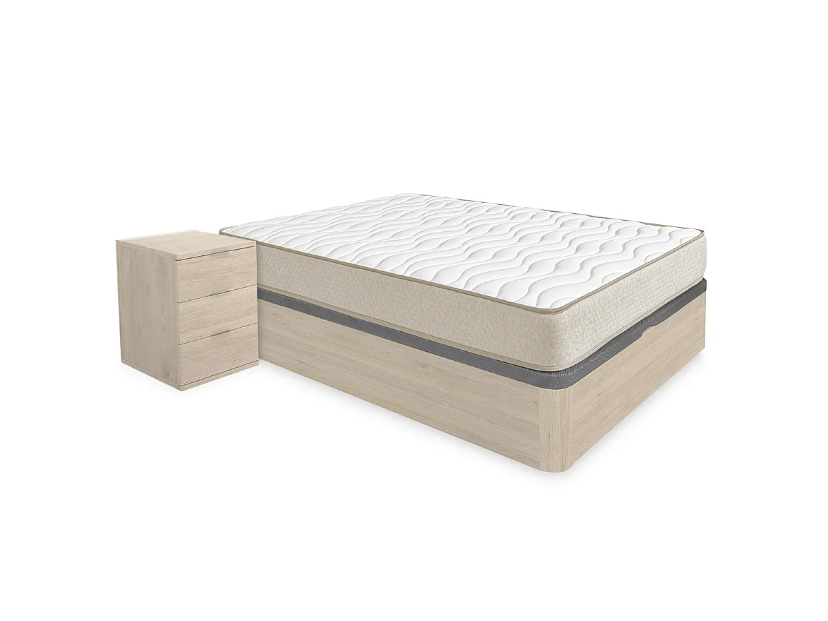 Pack ahorro matrimonio Canapé Round Roble con Colchón viscoelástico Nova Plus 135 x 190 cm y 2 Mesitas de noche Rio| Montaje Incluido (Solo canapé)