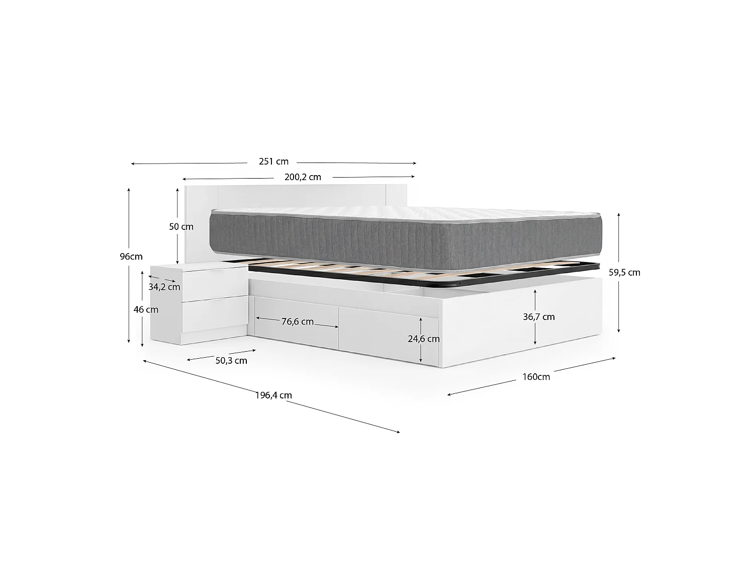 Pack ahorro matrimonio Cama compacta, Cabecero y 2 Mesitas Len, Colchón viscoelástico y muelles Aurea y Somier 150 x 190 cm