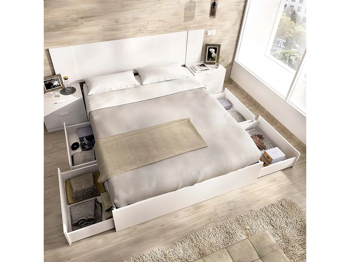 Pack ahorro matrimonio Cama compacta, Cabecero y 2 Mesitas Len, Colchón viscoelástico y muelles Aurea y Somier 150 x 190 cm