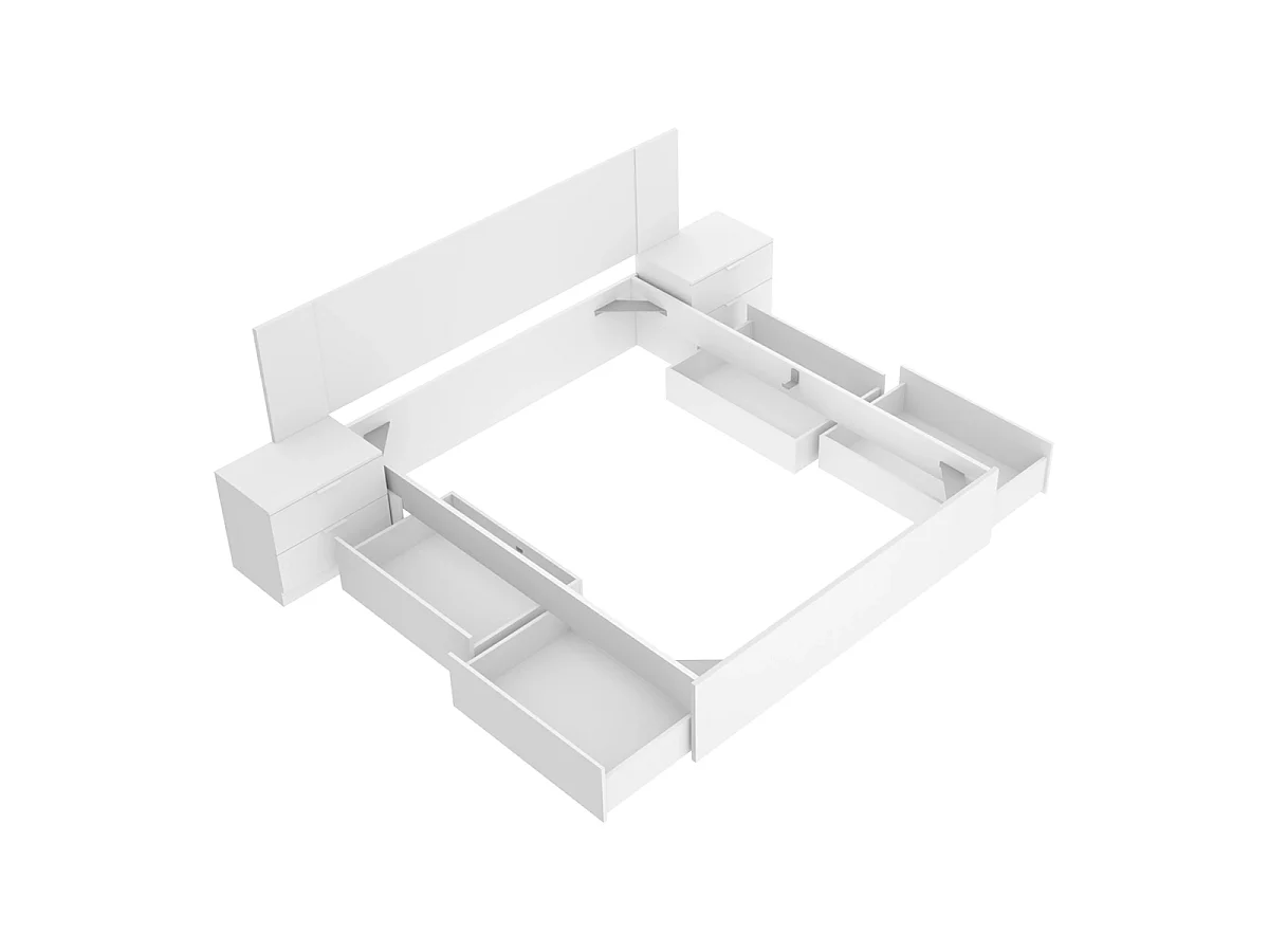 Pack ahorro matrimonio Cama compacta, Cabecero y 2 Mesitas Len, Colchón viscoelástico y muelles Aurea y Somier 150 x 190 cm