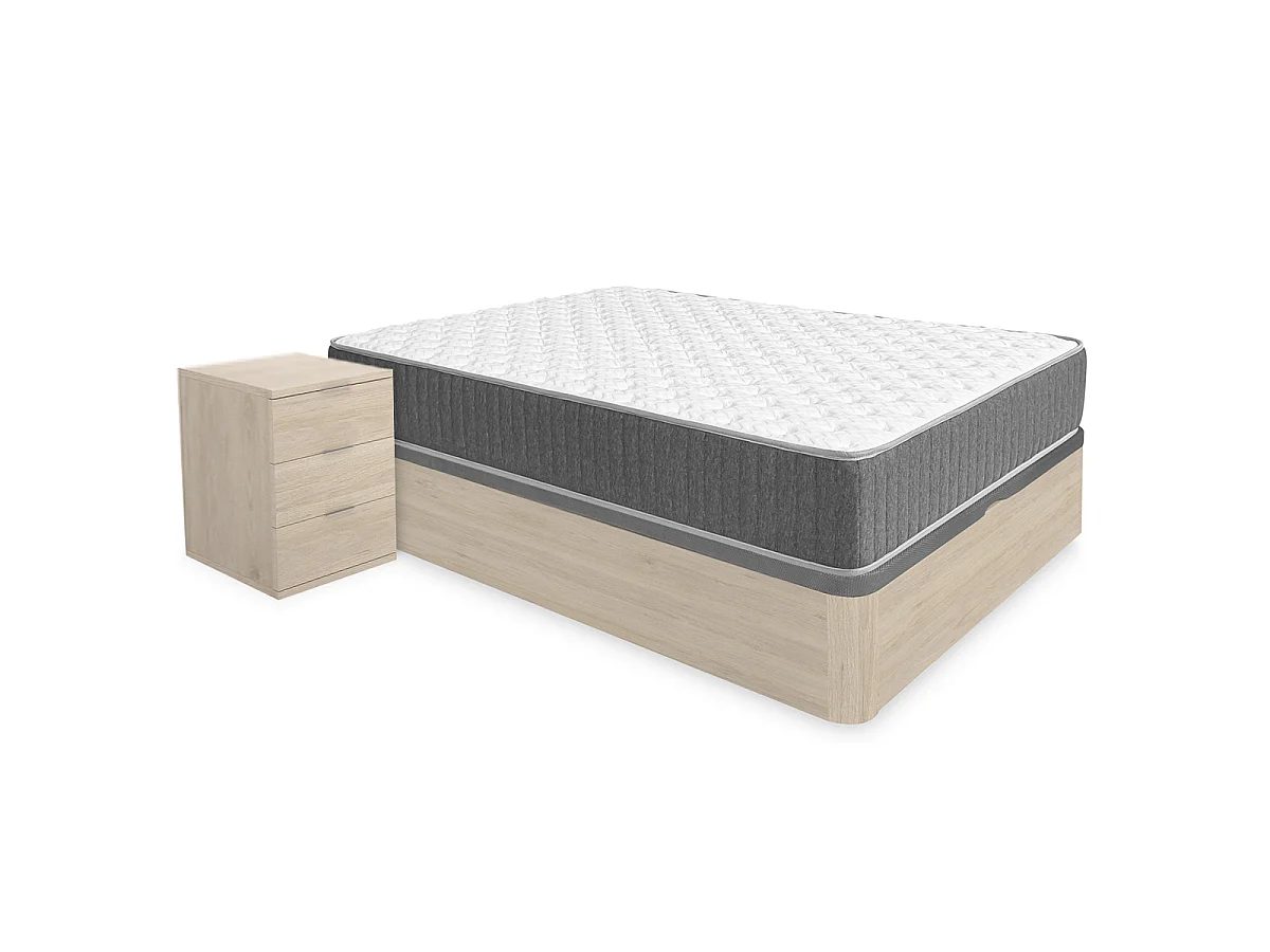 Pack ahorro matrimonio Canapé Round Roble con Colchón viscoelástico y muelles Aurea 135 x 190 cm, 2 Mesitas de noche Rio|Montaje Incluido(Solo canapé)