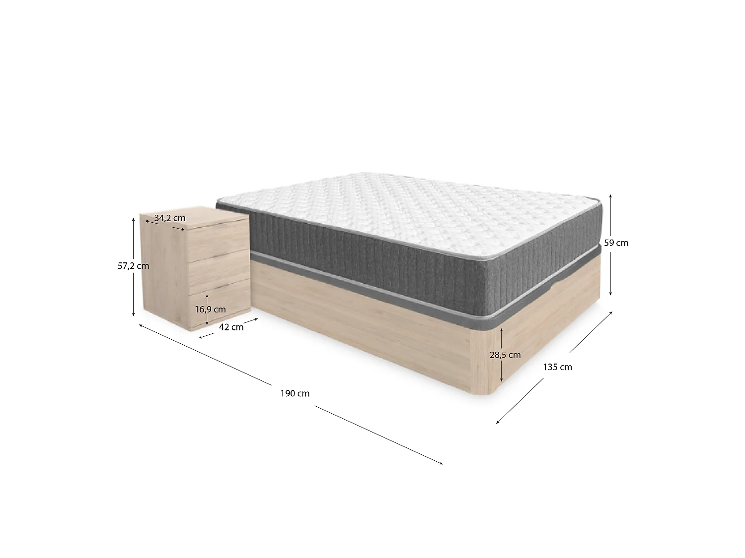 Pack ahorro matrimonio Canapé Round Roble con Colchón viscoelástico y muelles Aurea 135 x 190 cm, 2 Mesitas de noche Rio|Montaje Incluido(Solo canapé)