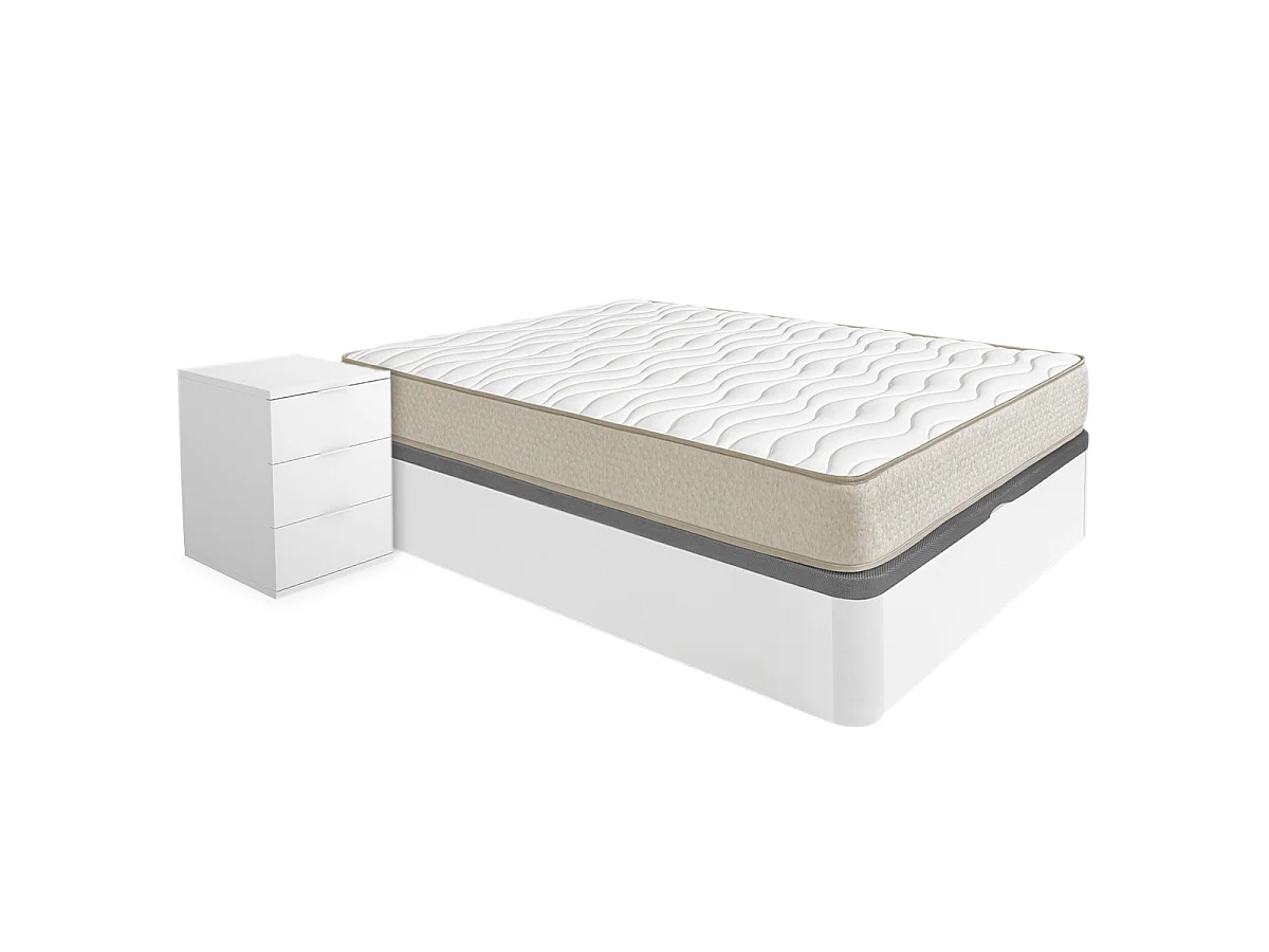 Pack ahorro matrimonio Canapé Round con Colchón viscoelástico Nova Plus 135 x 190 cm y 2 Mesitas de noche Rio| Montaje Incluido (Solo canapé)