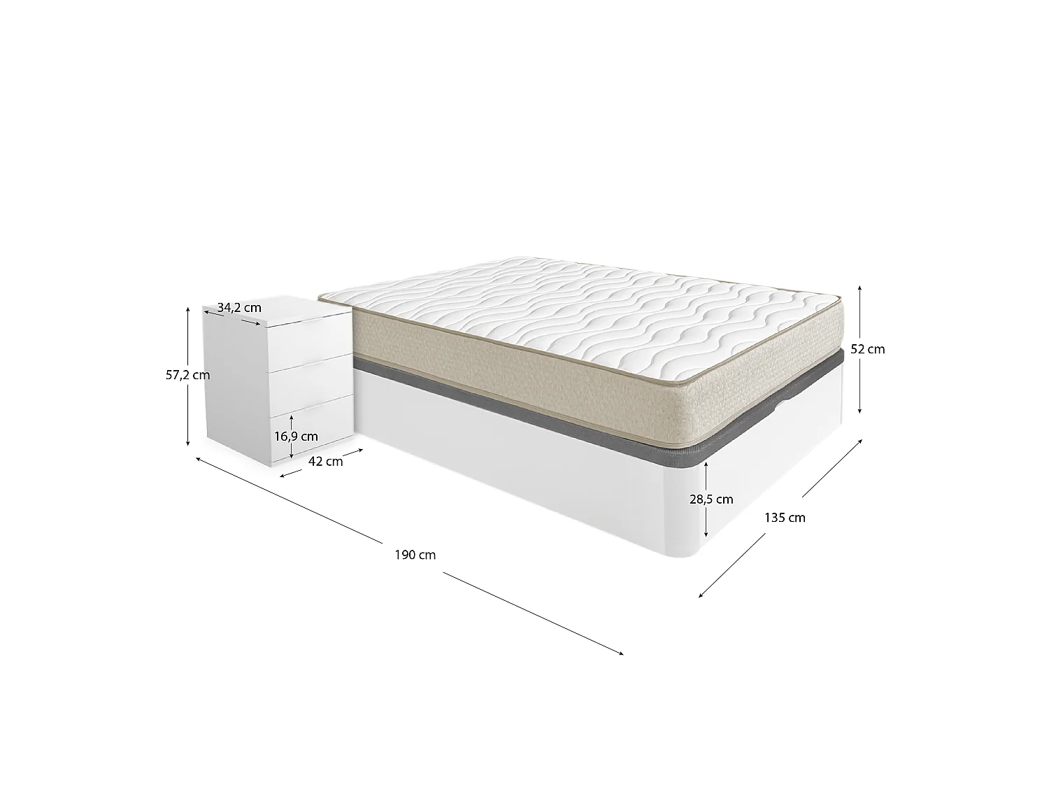 Pack ahorro matrimonio Canapé Round con Colchón viscoelástico Nova Plus 135 x 190 cm y 2 Mesitas de noche Rio| Montaje Incluido (Solo canapé)