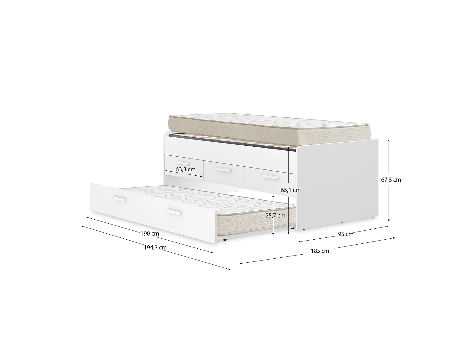 Pack ahorro juvenil Cama nido Leka con 3 cajones, 1 Somier y 2 Colchones viscoelásticos Nova 90 x 190 cm | Subida a domicilio