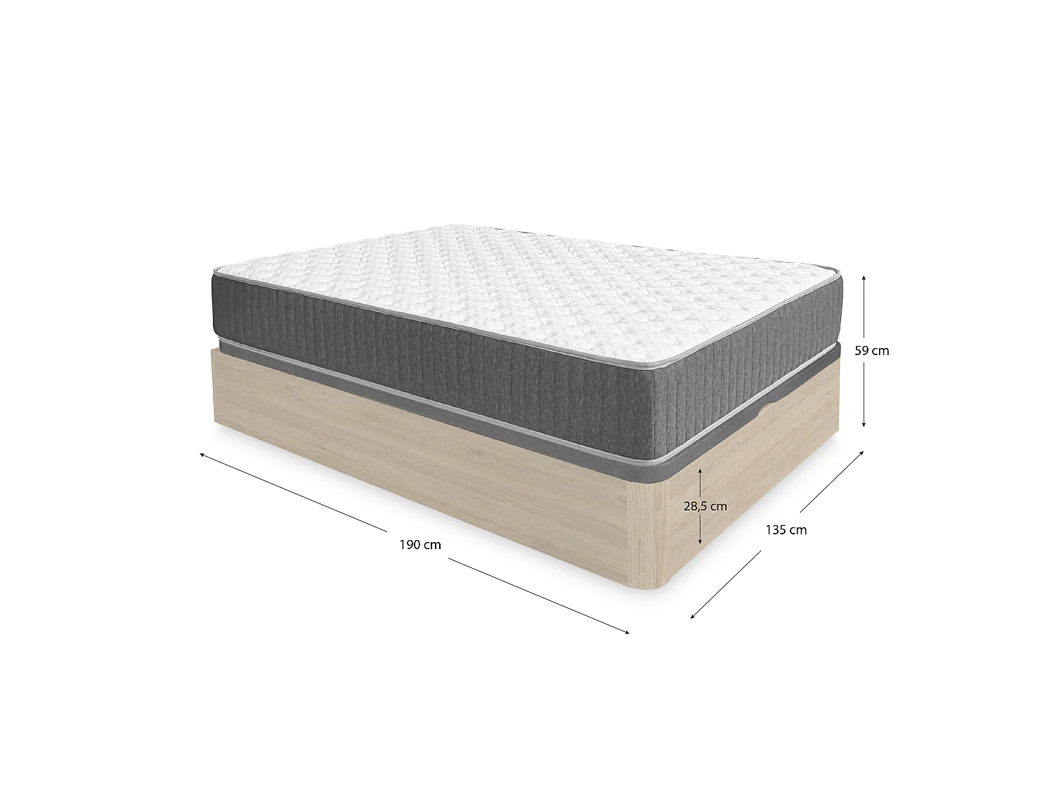 Pack ahorro matrimonio Canapé abatible Round Roble con Colchón viscoelástico y muelles Aurea 135 x 190 cm| Montaje Incluido (Solo canapé)